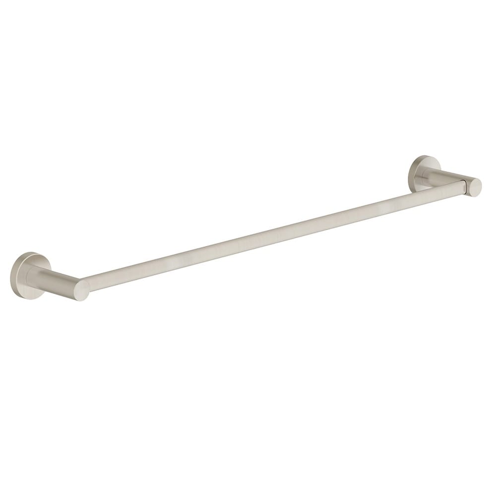 Juego de accesorios decorativos para baño de 4 piezas en níquel satinado Dia de Symmons: Barra de toalla, porta papel higiénico, argolla de toalla y gancho para batas incluidos.