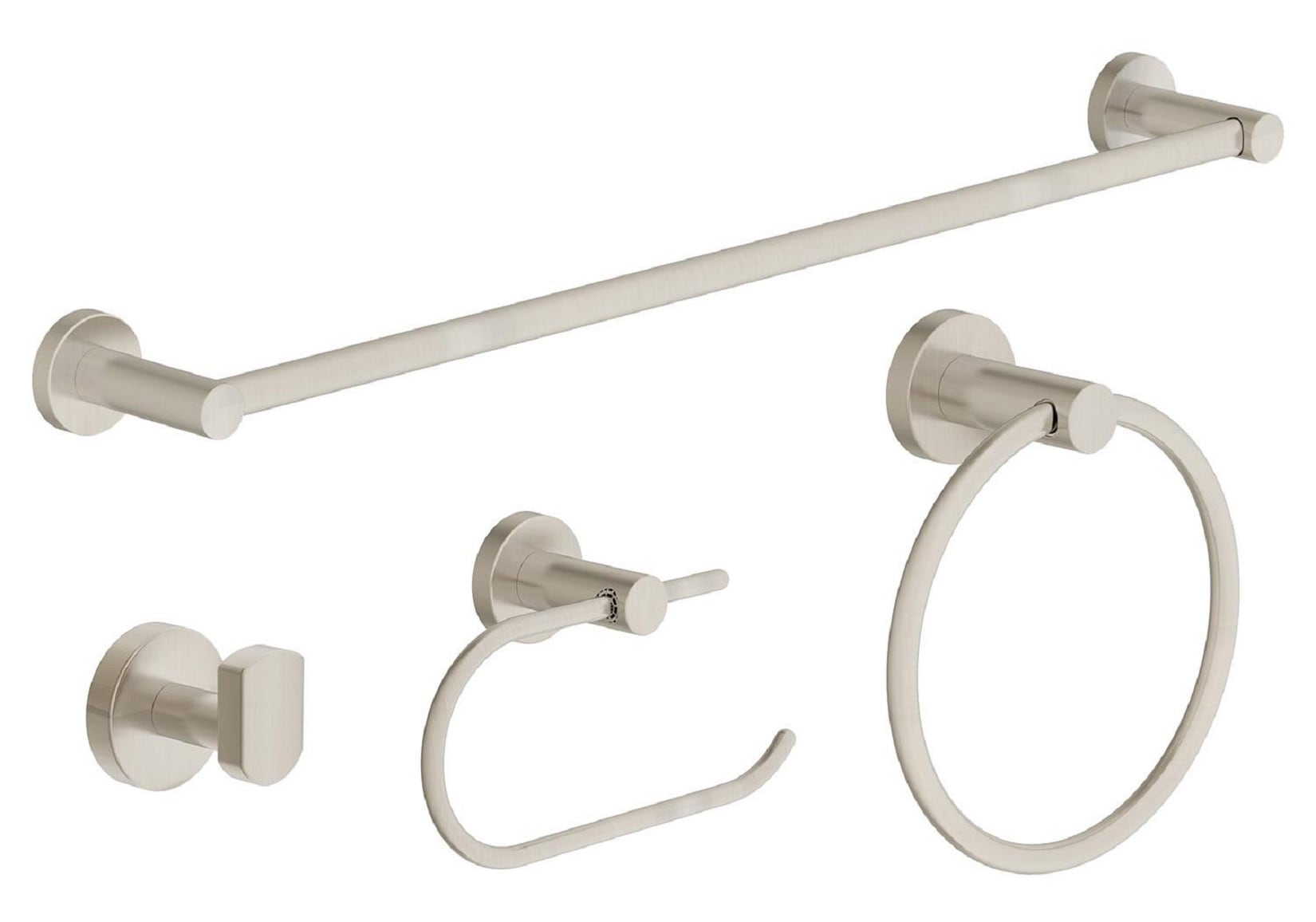Juego de accesorios decorativos para baño de 4 piezas en níquel satinado Dia de Symmons: Barra de toalla, porta papel higiénico, argolla de toalla y gancho para batas incluidos.