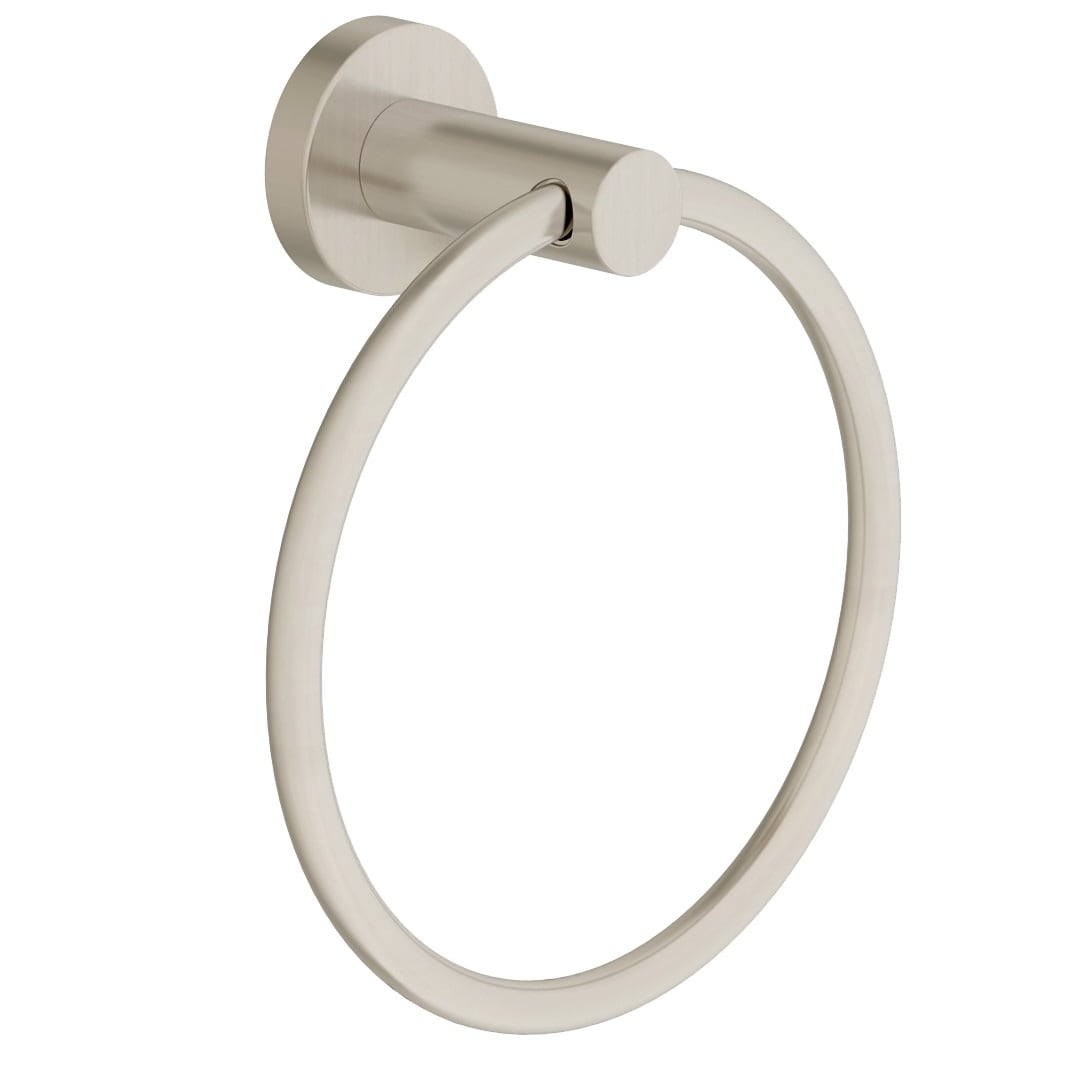 Juego de accesorios decorativos para baño de 4 piezas en níquel satinado Dia de Symmons: Barra de toalla, porta papel higiénico, argolla de toalla y gancho para batas incluidos.