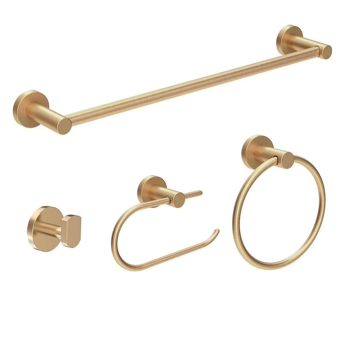 Set de accesorios de baño decorativos Symmons de 4 piezas en bronce cepillado Dia: barra de toallas, porta papel higiénico, argolla de toallas y colgador de batas incluidos.