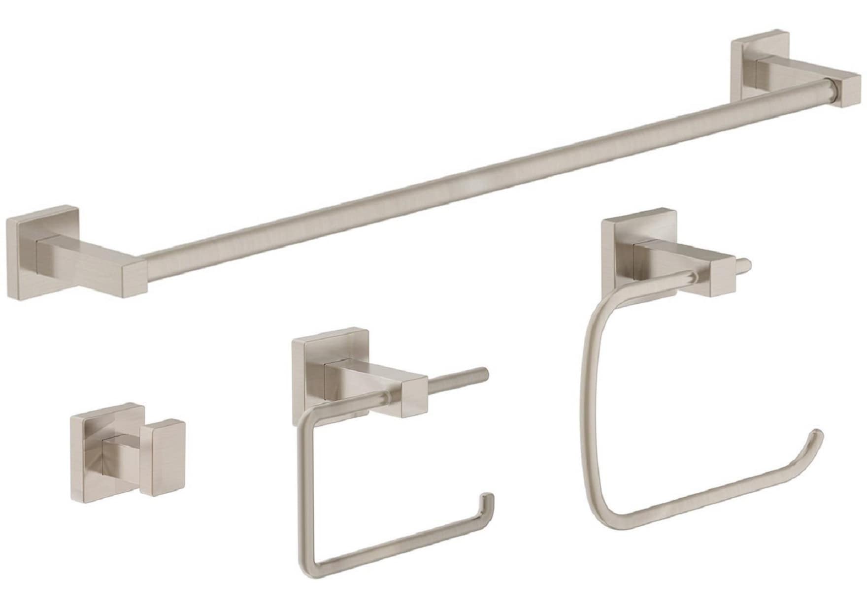 Set de Accesorios Decorativos para Baño de 4 Piezas en Níquel Satinado Duro Symmons: Barra para Toallas, Portarrollos, Argolla para Toallas y Gancho para Batas incluidos 36AC4BUNDLESTN