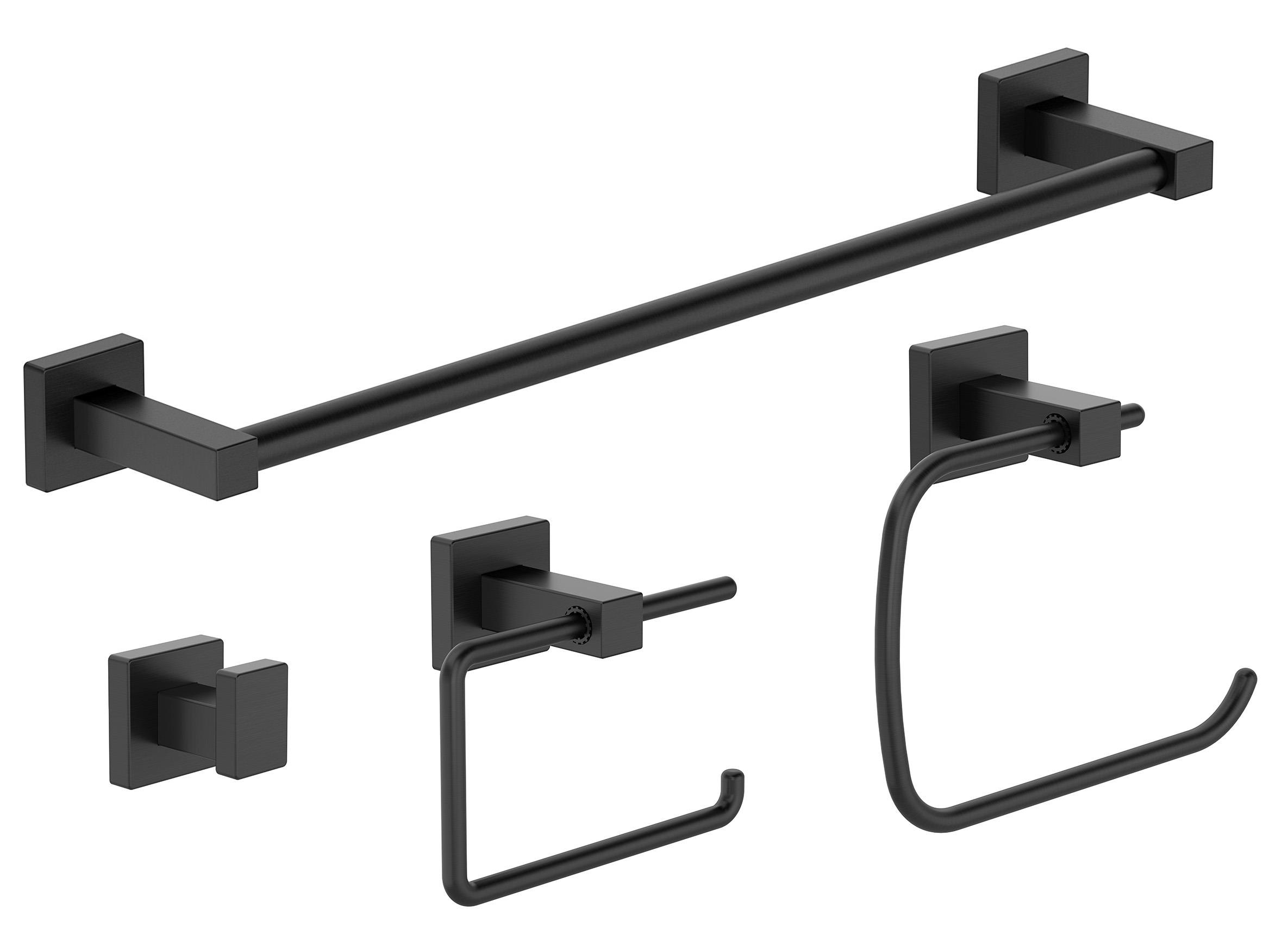 Juego de accesorios de baño decorativos Symmons 4 piezas en negro mate Duro - Incluye barra de toallas, portarrollos, anillo para toallas y gancho para batas
