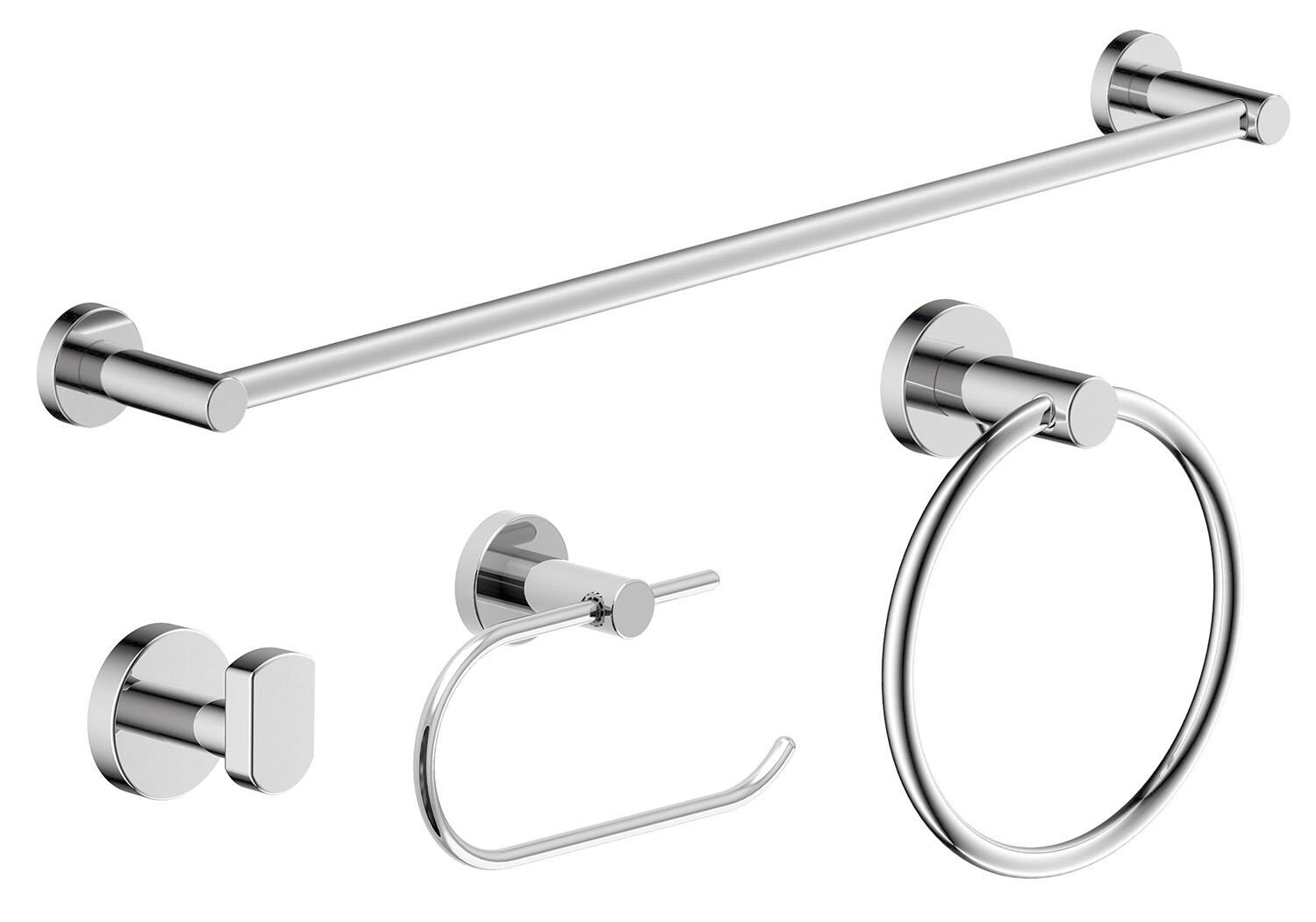 Juego de accesorios decorativos para baño de cromo pulido de 4 piezas  Symmons Dia con barra de toalla, soporte de papel higiénico, anillo de toalla y gancho para bata incluidos 35AC4BUNDLE