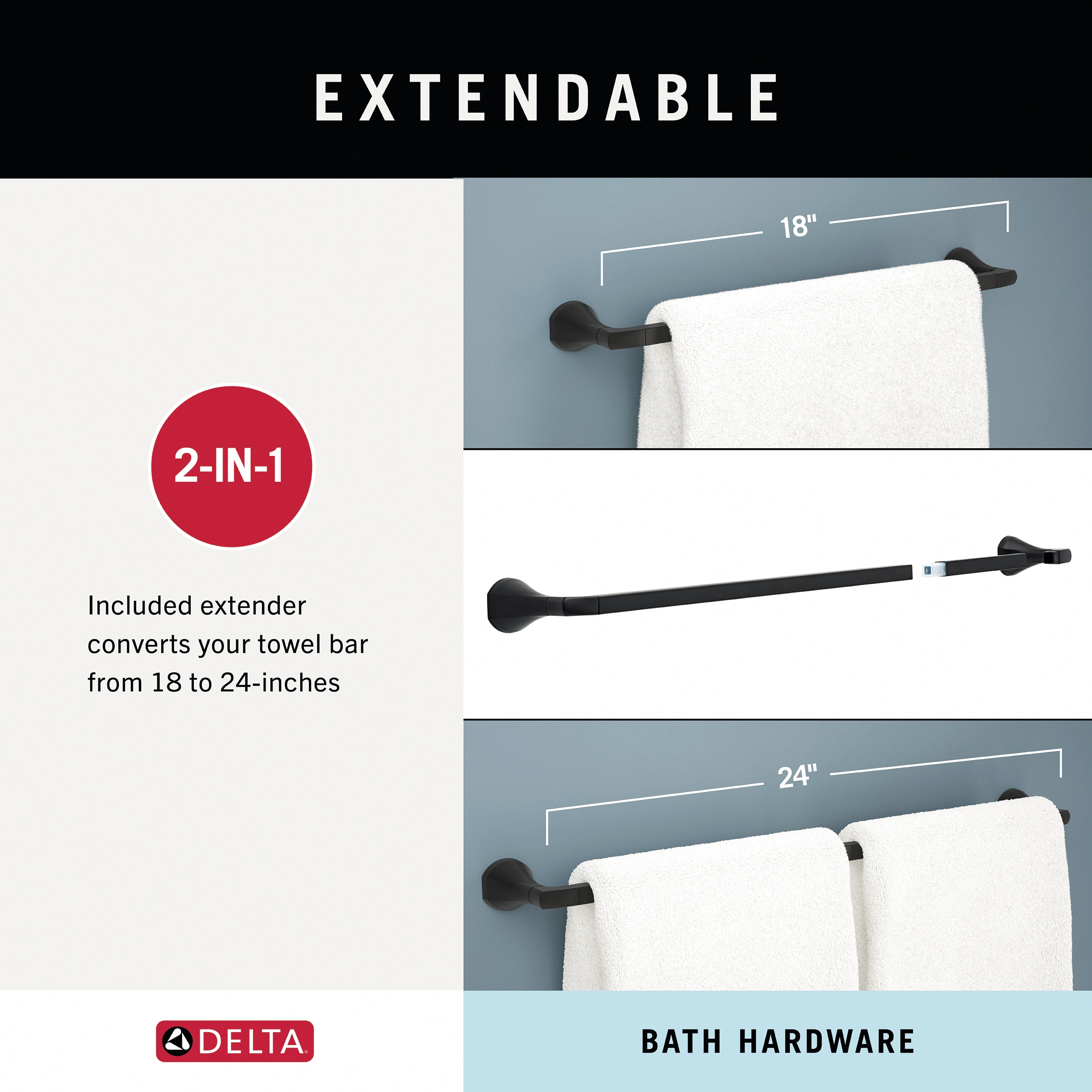Juego de accesorios para baño decorativos en negro mate Delta de 3 piezas - Barra de toalla, porta papel higiénico, argolla de toalla, incluido ARC63-MB