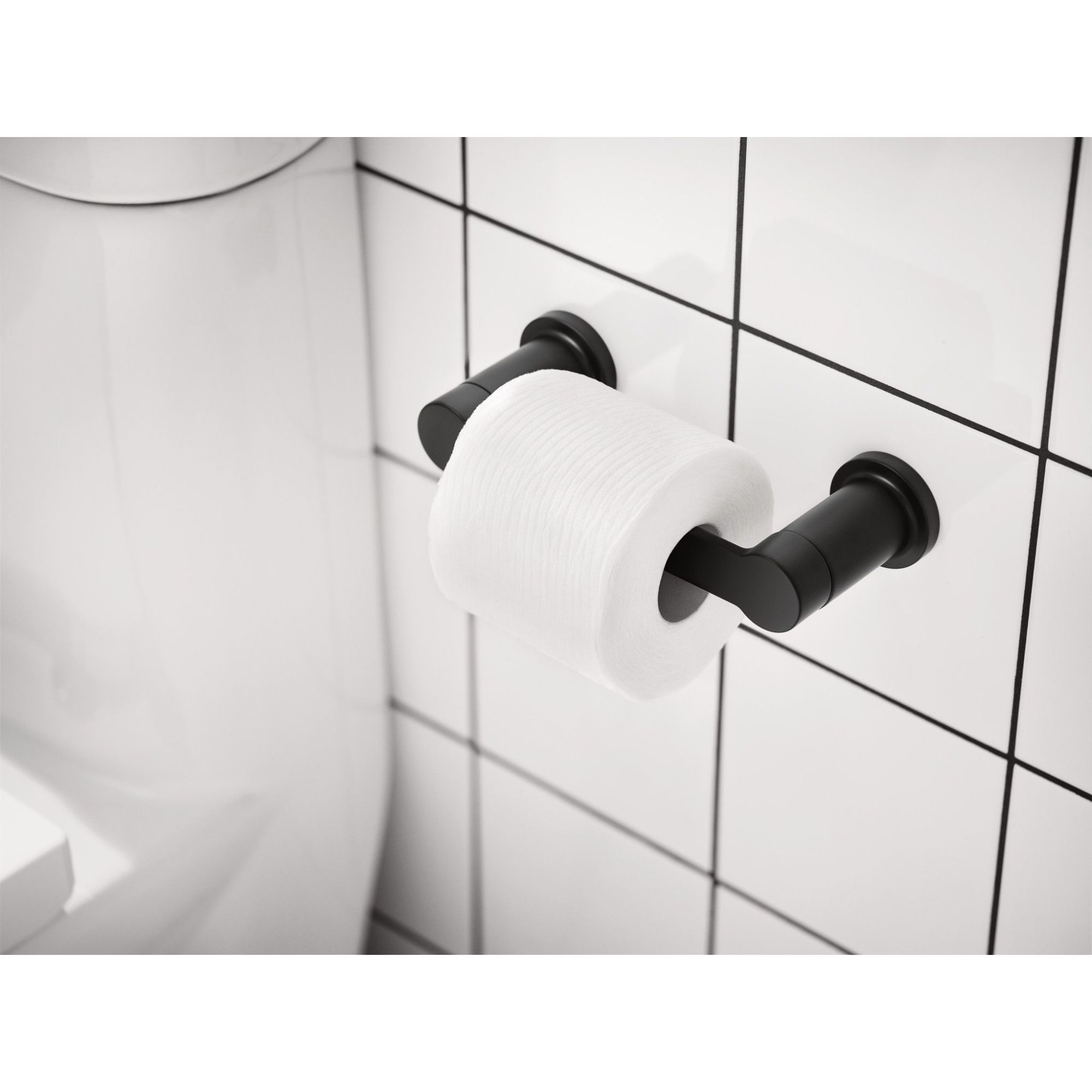 Juego de accesorios decorativos para baño en negro mate de 3 piezas Moen Rinza - Porta toallas, porta papel higiénico y anillo de toallas incluidos Y1193BL