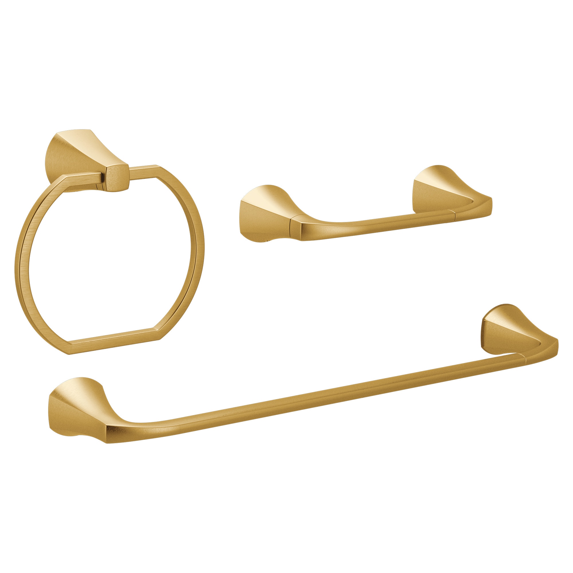 Juego de accesorios decorativos para baño en color dorado cepillado de 3 piezas Lindor de Moen: Barra para toallas, portarrollos y argolla para toallas incluidos MY8793BG.