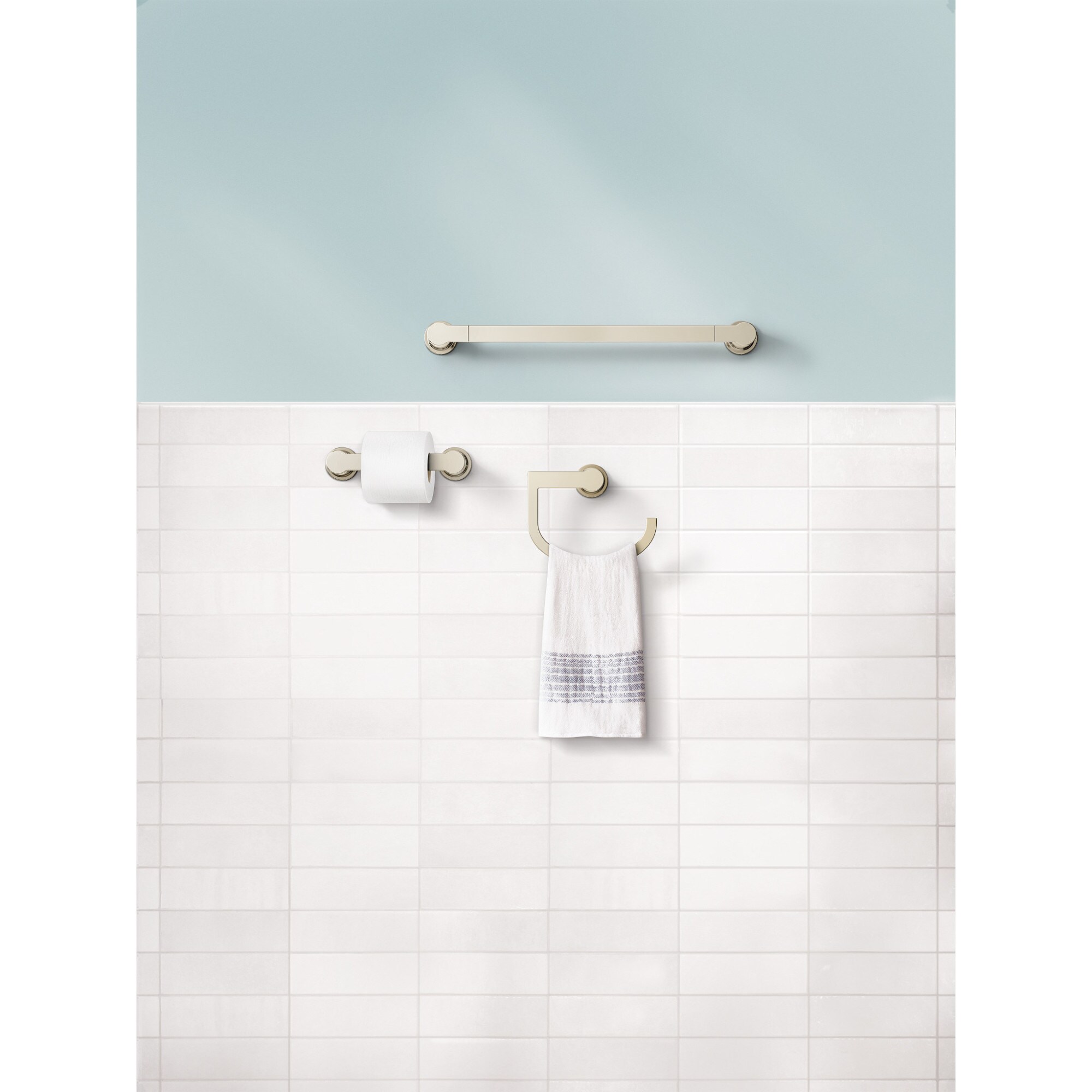 Juego de accesorios decorativos para baño en níquel pulido de Moen de 3 piezas: Barra para toallas, porta papel higiénico y argolla para toallas incluidos Y1193NL.