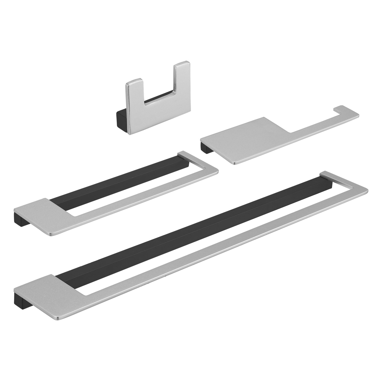 Juego de accesorios decorativos para baño de 4 piezas negro y níquel: barra de toallas, porta papel higiénico y gancho para batas incluidos A-91065-B.
