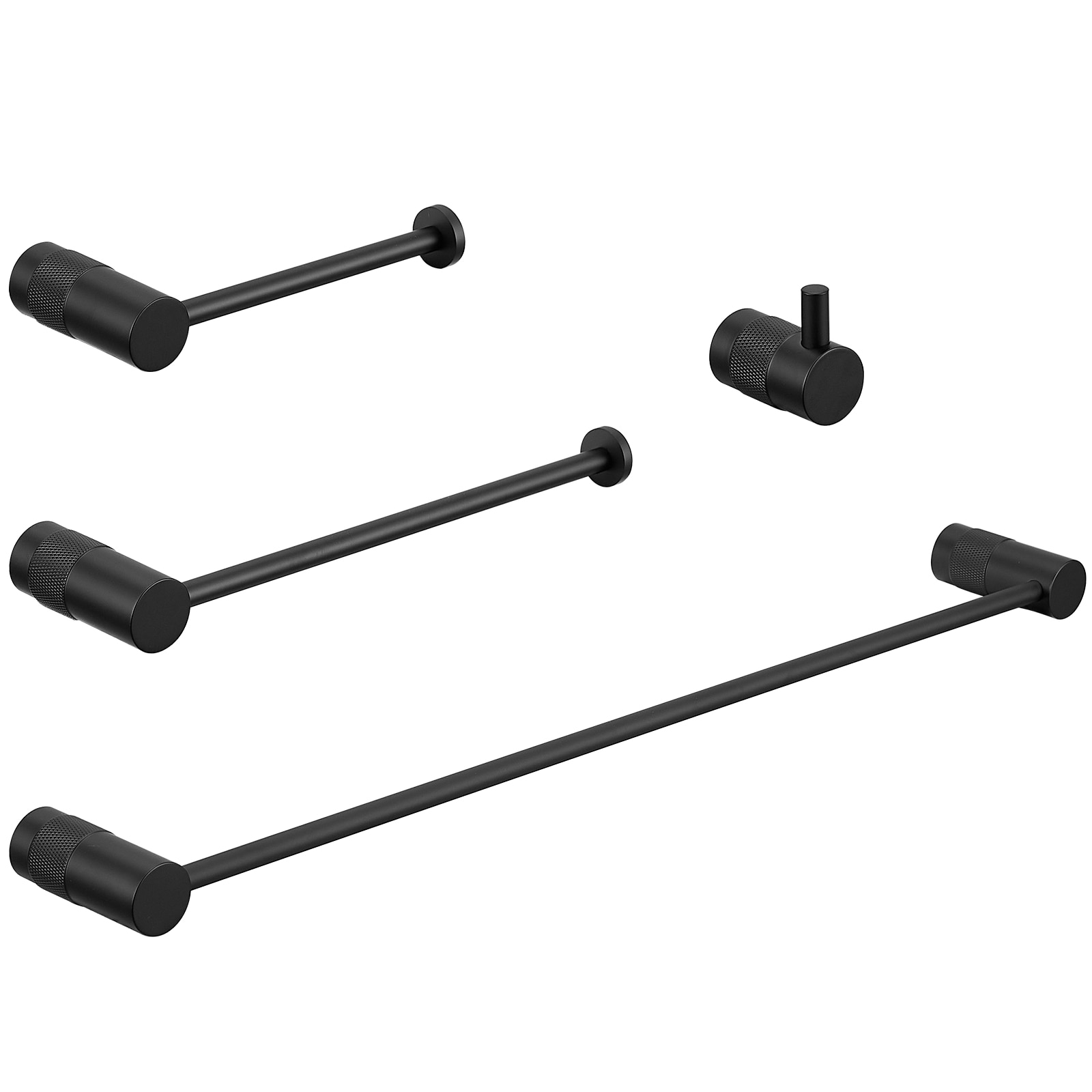 Juego de Accesorios de Baño Mate Negro Decorativo de 4 Piezas - Barra de Toallas, Porta Papel Higiénico, Gancho para Batas incluidos A-91056-B