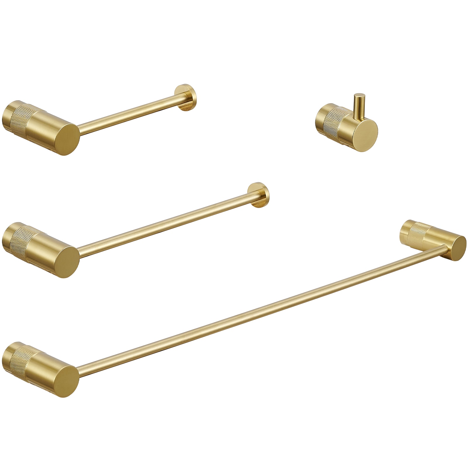 Juego de accesorios de baño decorativos en acabado dorado cepillado de 4 piezas, incluye barra de toalla, porta papel higiénico y gancho para batas A-91056-BG.