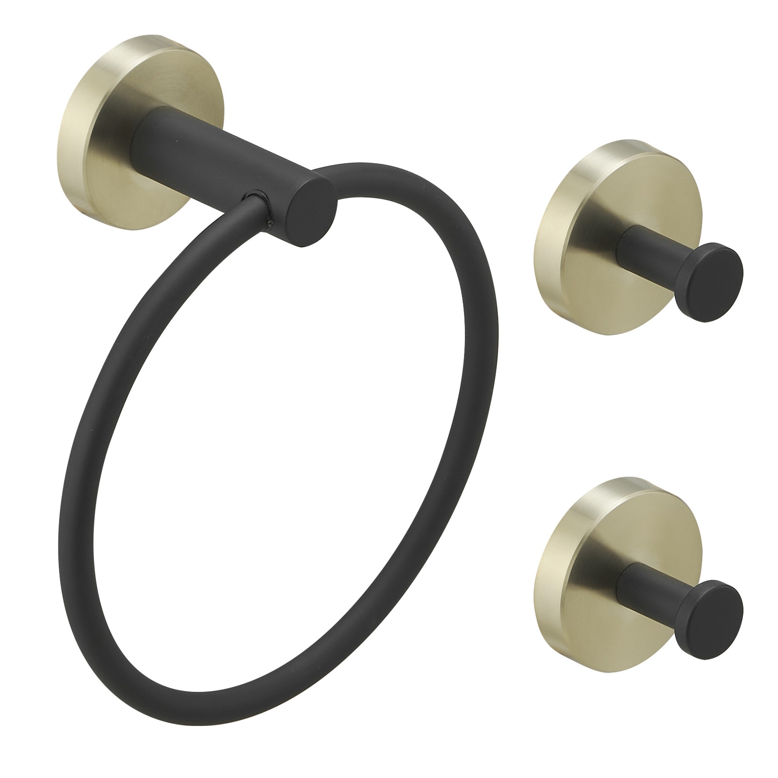 Juego de accesorios para baño decorativo negro y dorado de 3 piezas con anillo para toallas y gancho para batas incluidos A-91063-GBK