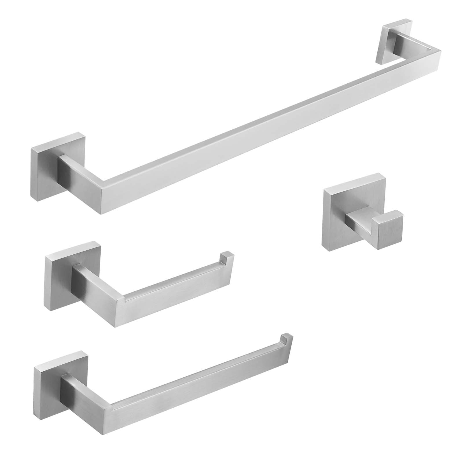 Juego de accesorios de baño decorativos de níquel cepillado de 4 piezas - Incluye barra de toalla, portarrollos de papel higiénico y gancho para bata A-91012-4-N