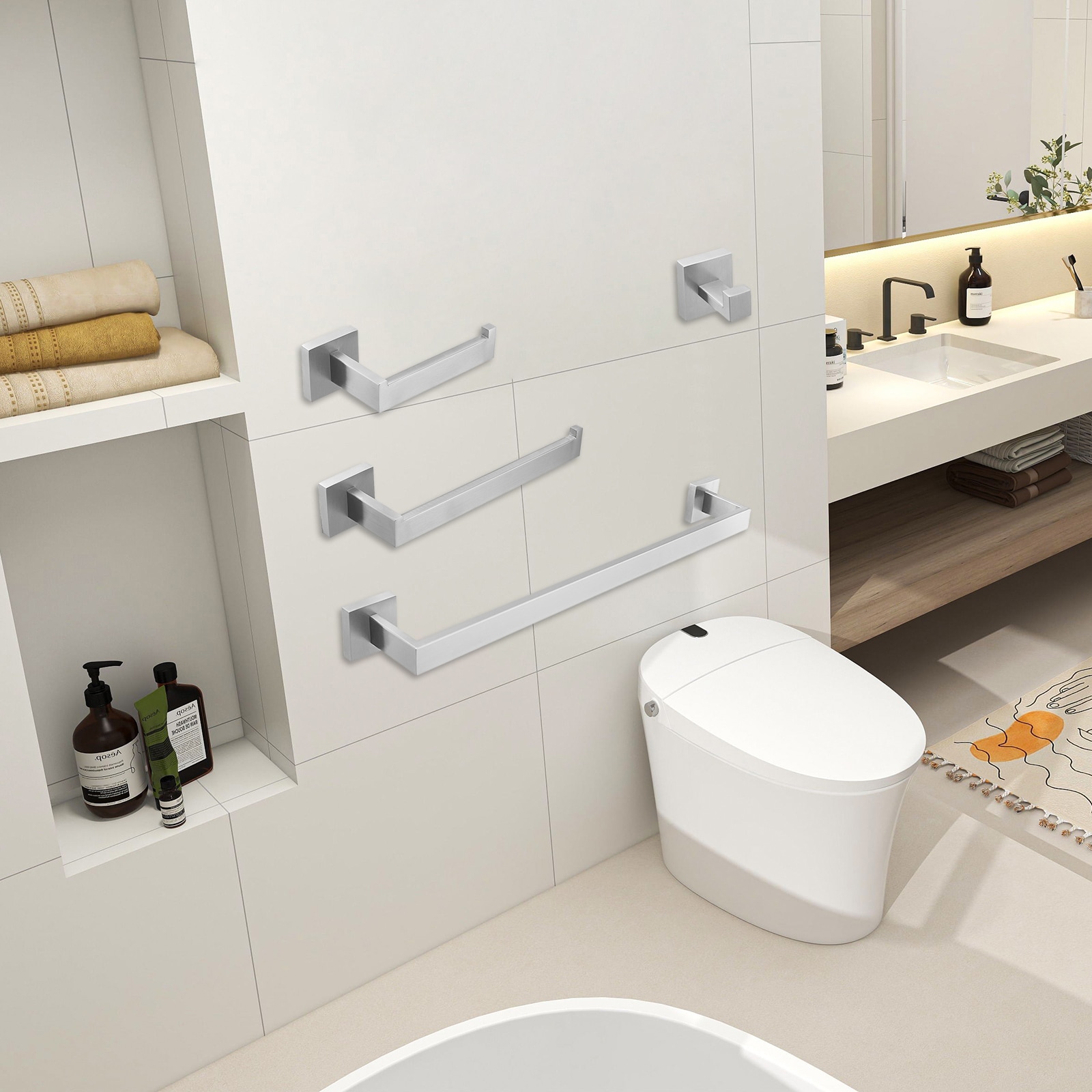 Juego de accesorios de baño decorativos de níquel cepillado de 4 piezas - Incluye barra de toalla, portarrollos de papel higiénico y gancho para bata A-91012-4-N