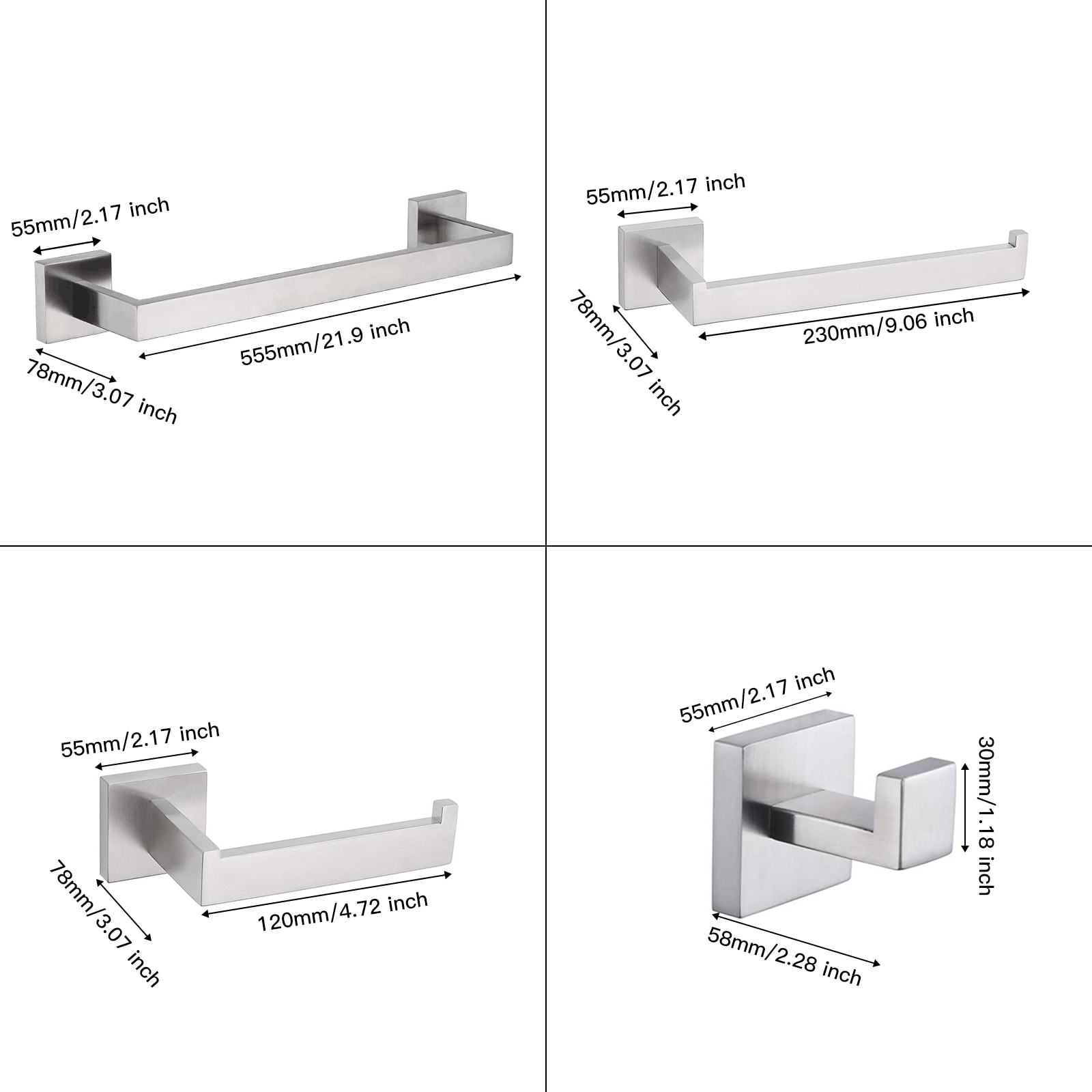 Juego de accesorios de baño decorativos de níquel cepillado de 4 piezas - Incluye barra de toalla, portarrollos de papel higiénico y gancho para bata A-91012-4-N