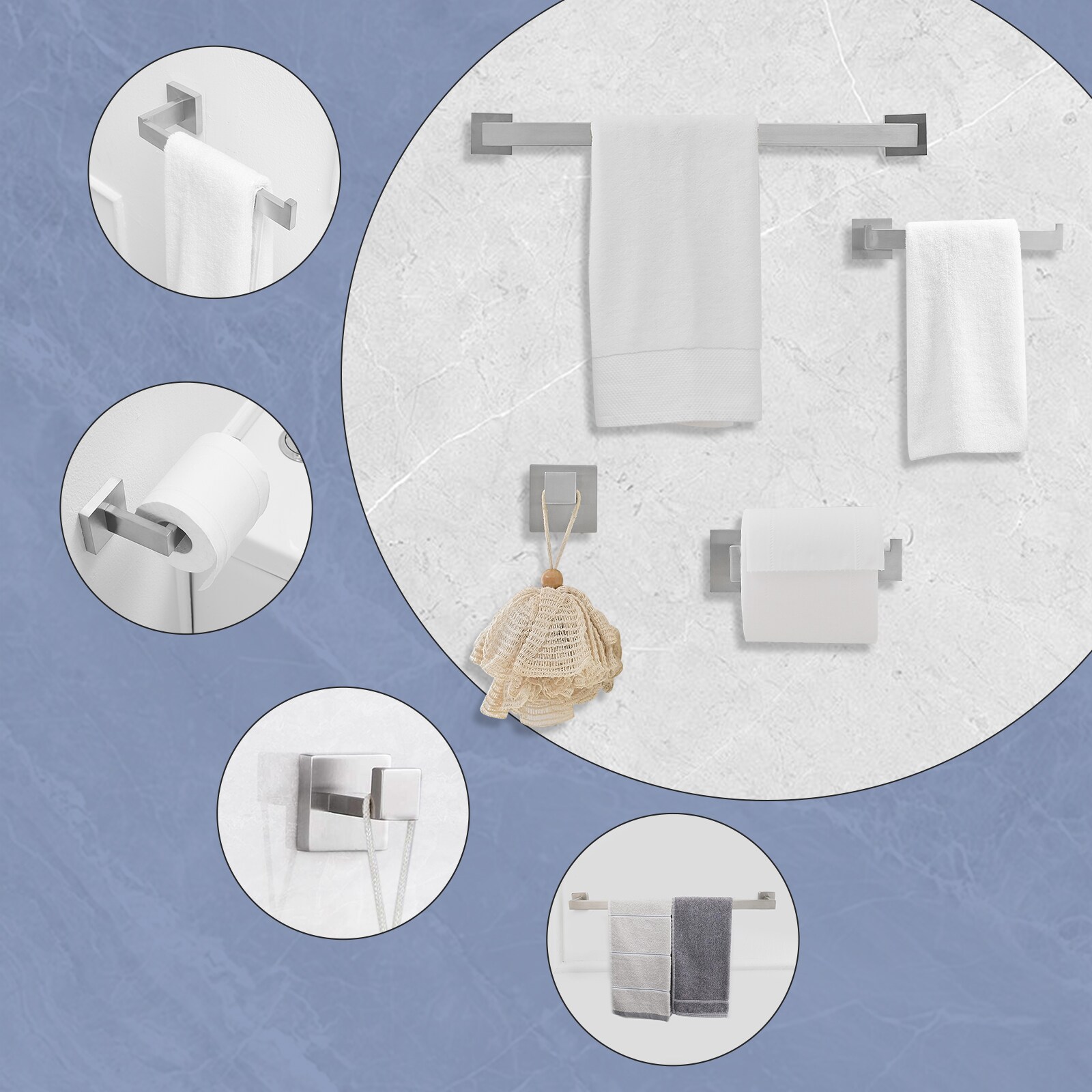 Juego de accesorios de baño decorativos de níquel cepillado de 4 piezas - Incluye barra de toalla, portarrollos de papel higiénico y gancho para bata A-91012-4-N