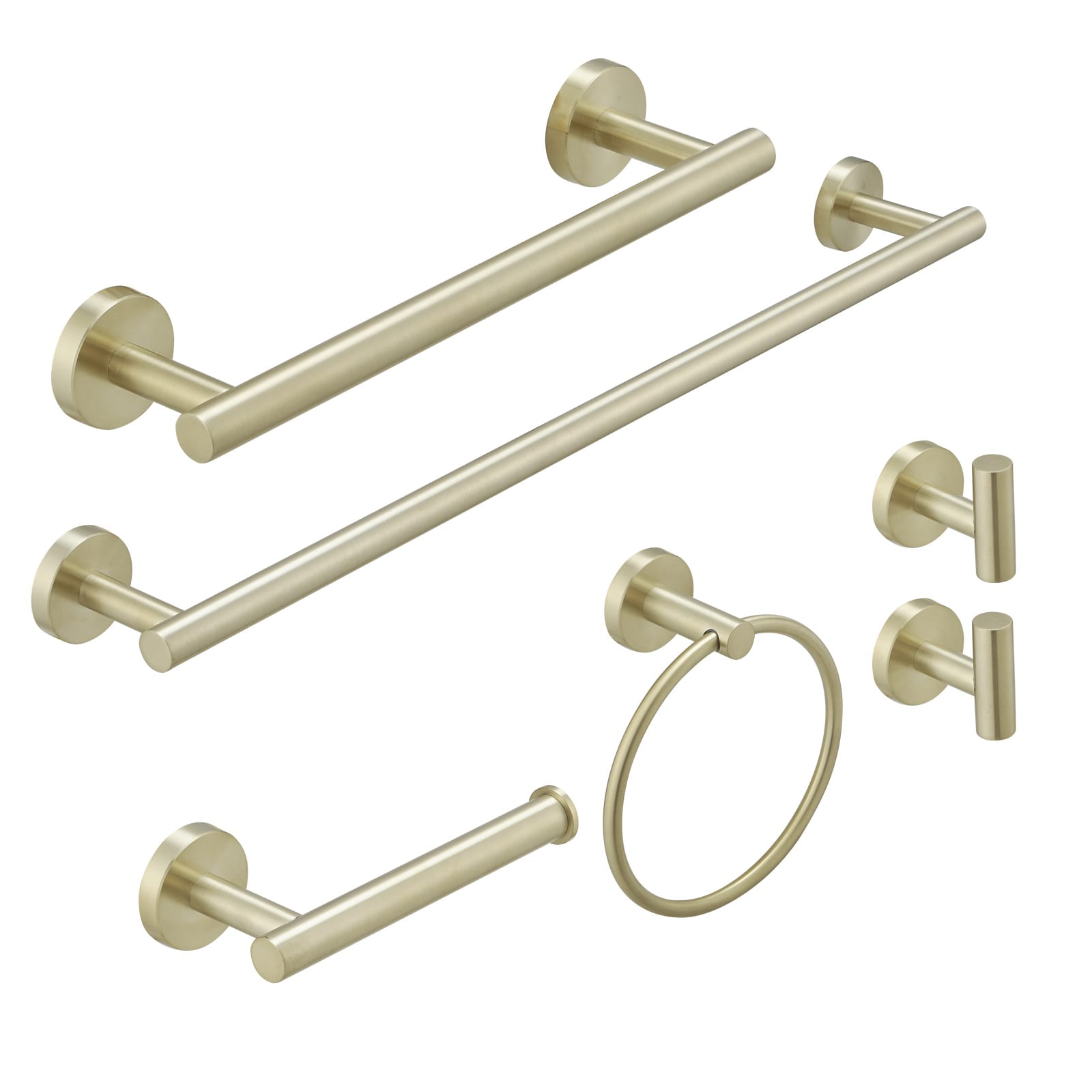 Conjunto de Accesorios Decorativos para Baño en Color Oro Cepillado de 6 Piezas - Barra Porta Toallas, Porta Papel Higiénico, Anillo para Toalla, Gancho para Batas incluido A-91020-6-BG
