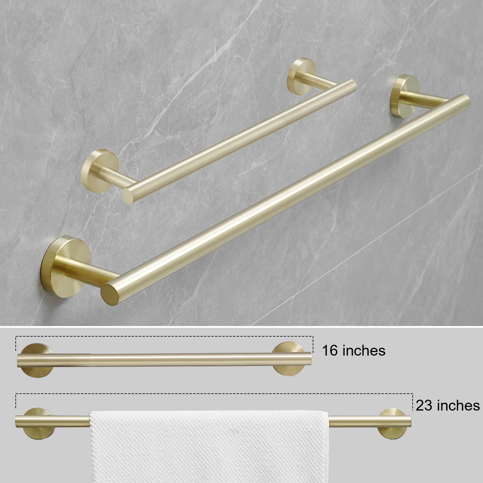 Conjunto de Accesorios Decorativos para Baño en Color Oro Cepillado de 6 Piezas - Barra Porta Toallas, Porta Papel Higiénico, Anillo para Toalla, Gancho para Batas incluido A-91020-6-BG