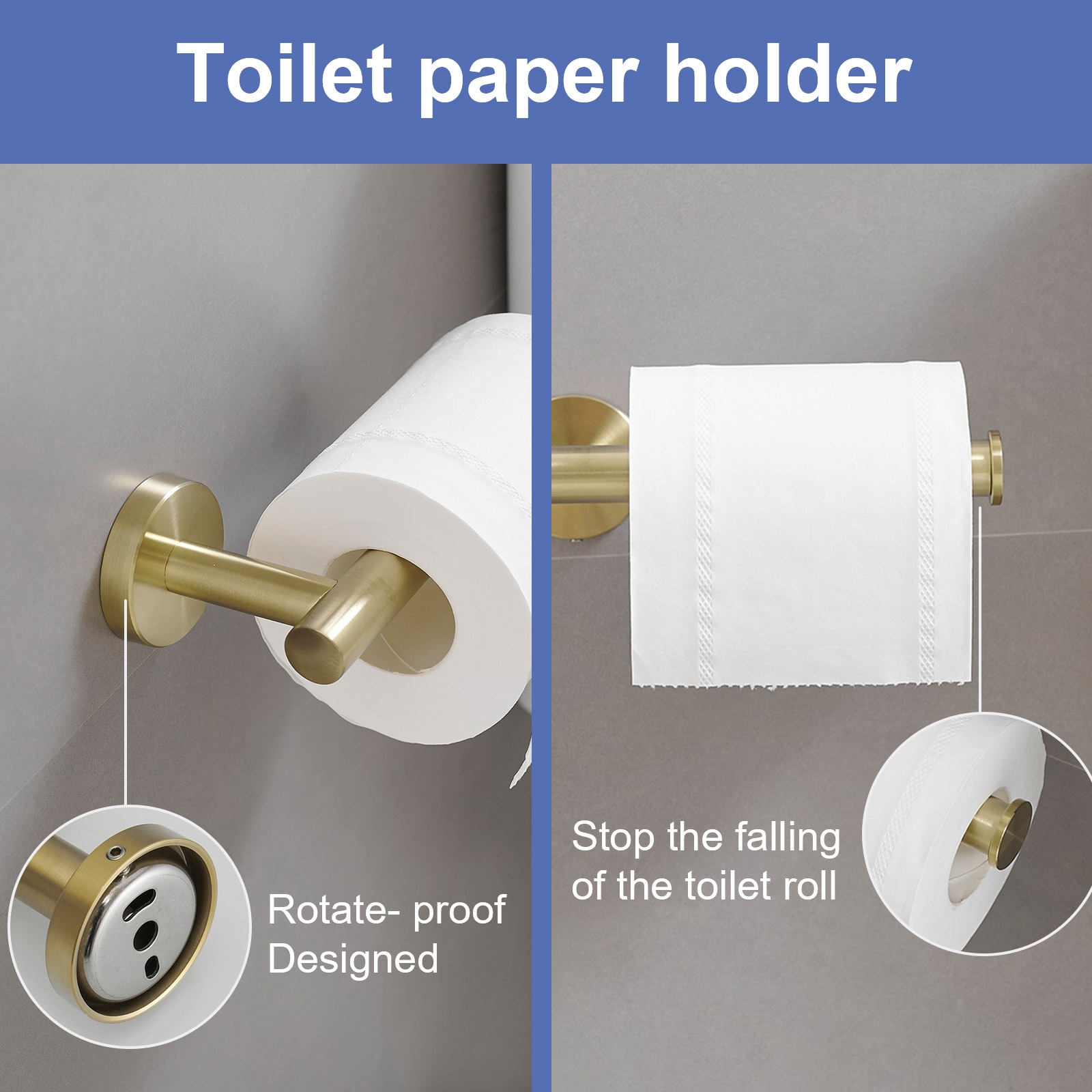 Conjunto de Accesorios Decorativos para Baño en Color Oro Cepillado de 6 Piezas - Barra Porta Toallas, Porta Papel Higiénico, Anillo para Toalla, Gancho para Batas incluido A-91020-6-BG