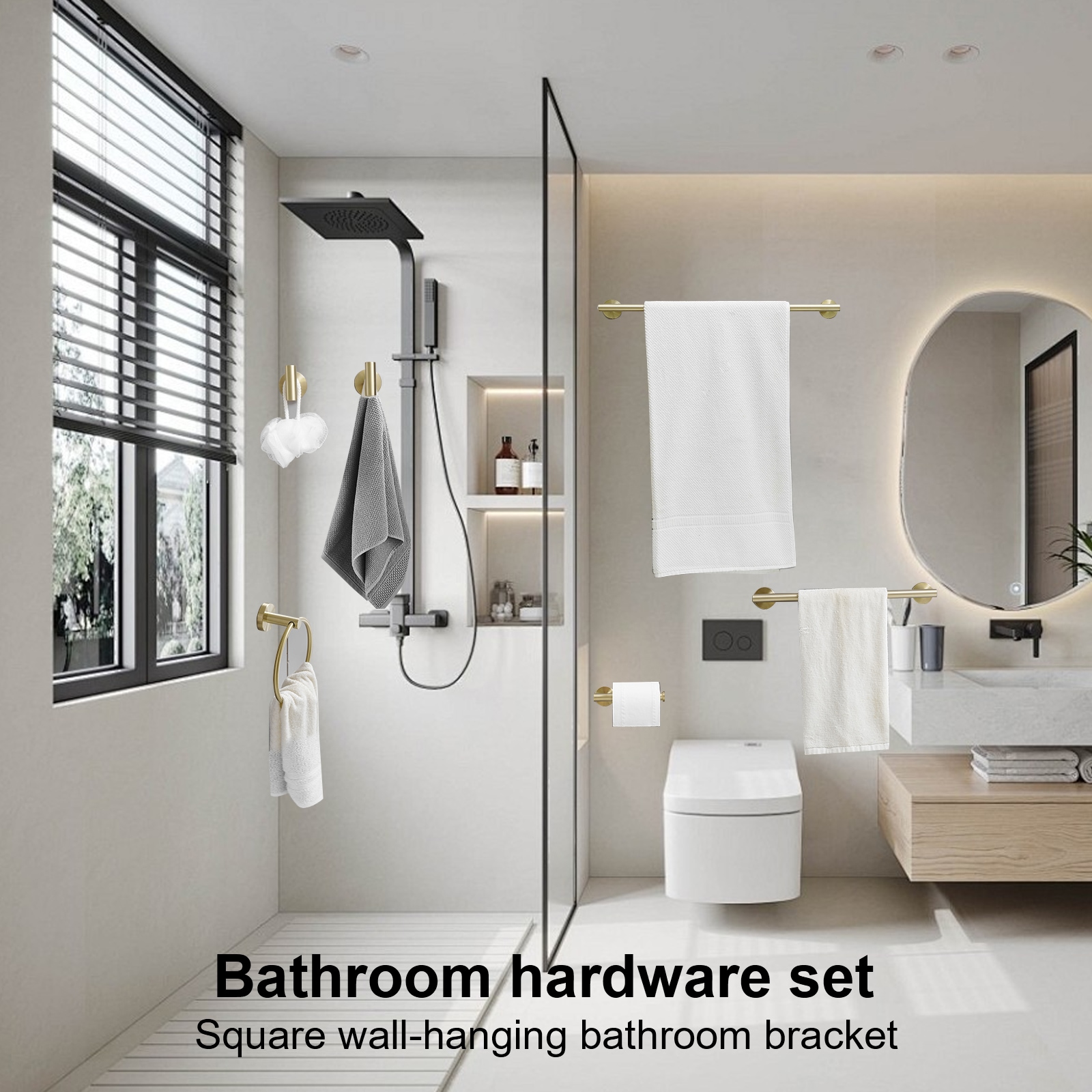 Conjunto de Accesorios Decorativos para Baño en Color Oro Cepillado de 6 Piezas - Barra Porta Toallas, Porta Papel Higiénico, Anillo para Toalla, Gancho para Batas incluido A-91020-6-BG