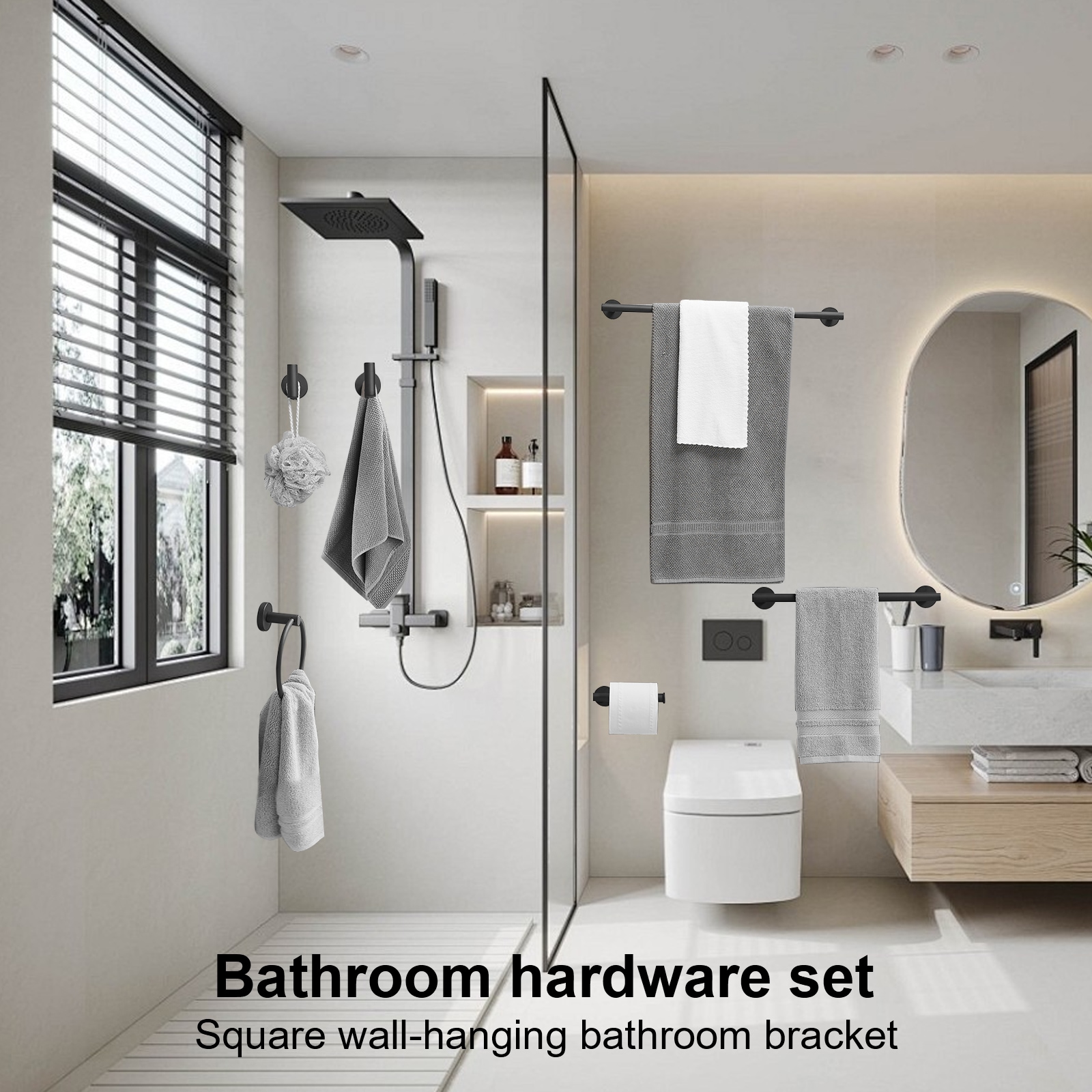 Set de accesorios para baño decorativos en negro mate de 6 piezas - Barra para toallas, porta papel higiénico, argolla para toalla, gancho para batas incluidos A-91020-6-B