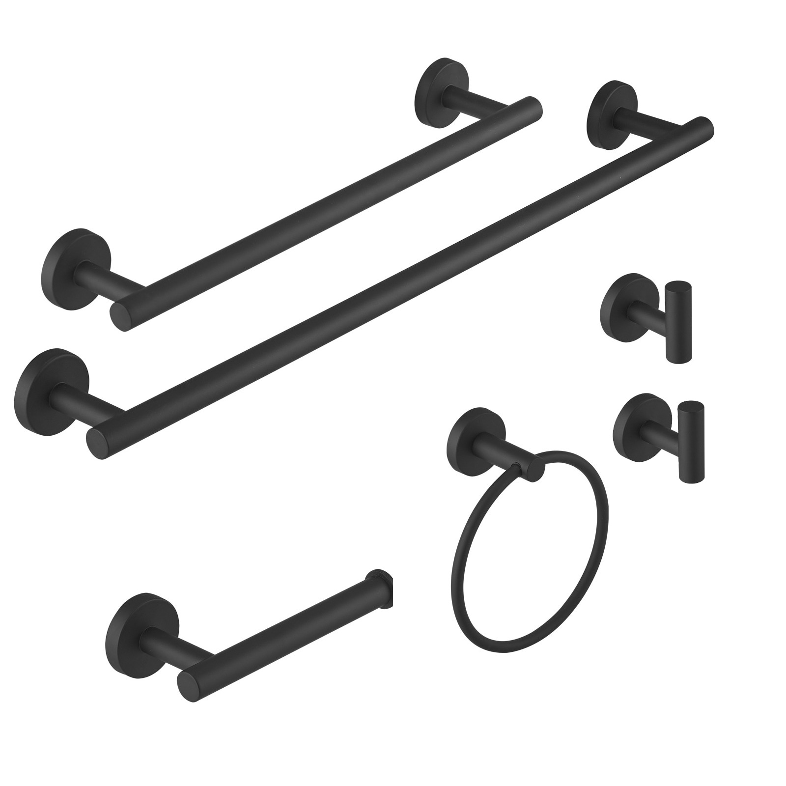 Set de accesorios para baño decorativos en negro mate de 6 piezas - Barra para toallas, porta papel higiénico, argolla para toalla, gancho para batas incluidos A-91020-6-B