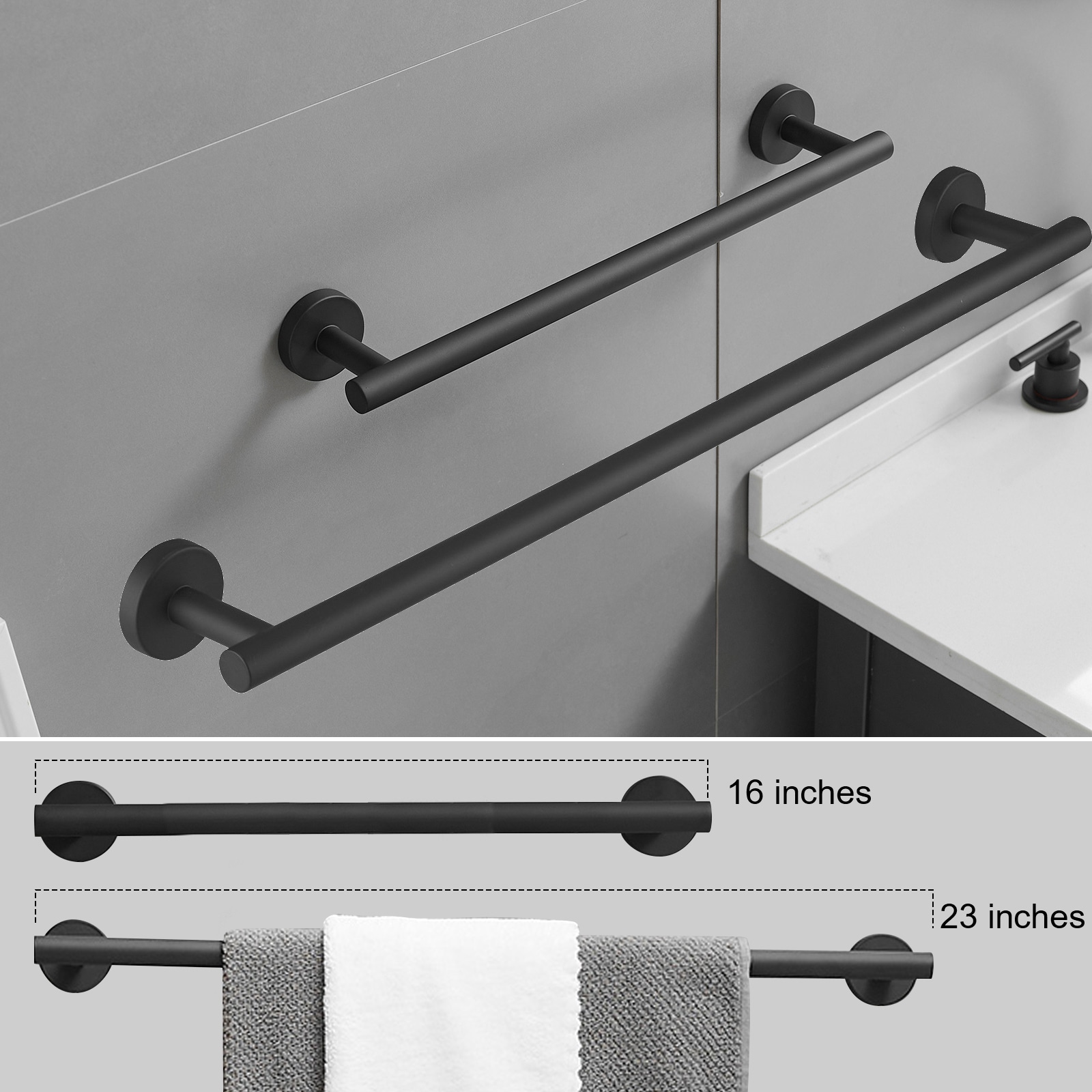 Set de accesorios para baño decorativos en negro mate de 6 piezas - Barra para toallas, porta papel higiénico, argolla para toalla, gancho para batas incluidos A-91020-6-B