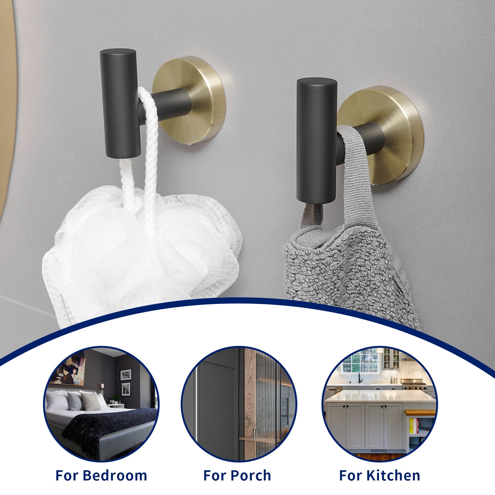 Juego de Baño Decorativo Negro y Dorado de 4 Piezas con Portarrollos de Papel, Argolla para Toalla y Gancho para Bata incluidos, Modelo A-91062-GBK-R