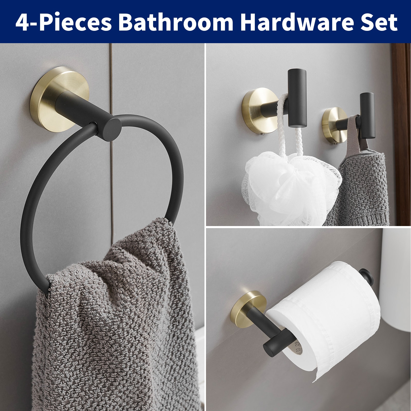 Juego de Baño Decorativo Negro y Dorado de 4 Piezas con Portarrollos de Papel, Argolla para Toalla y Gancho para Bata incluidos, Modelo A-91062-GBK-R