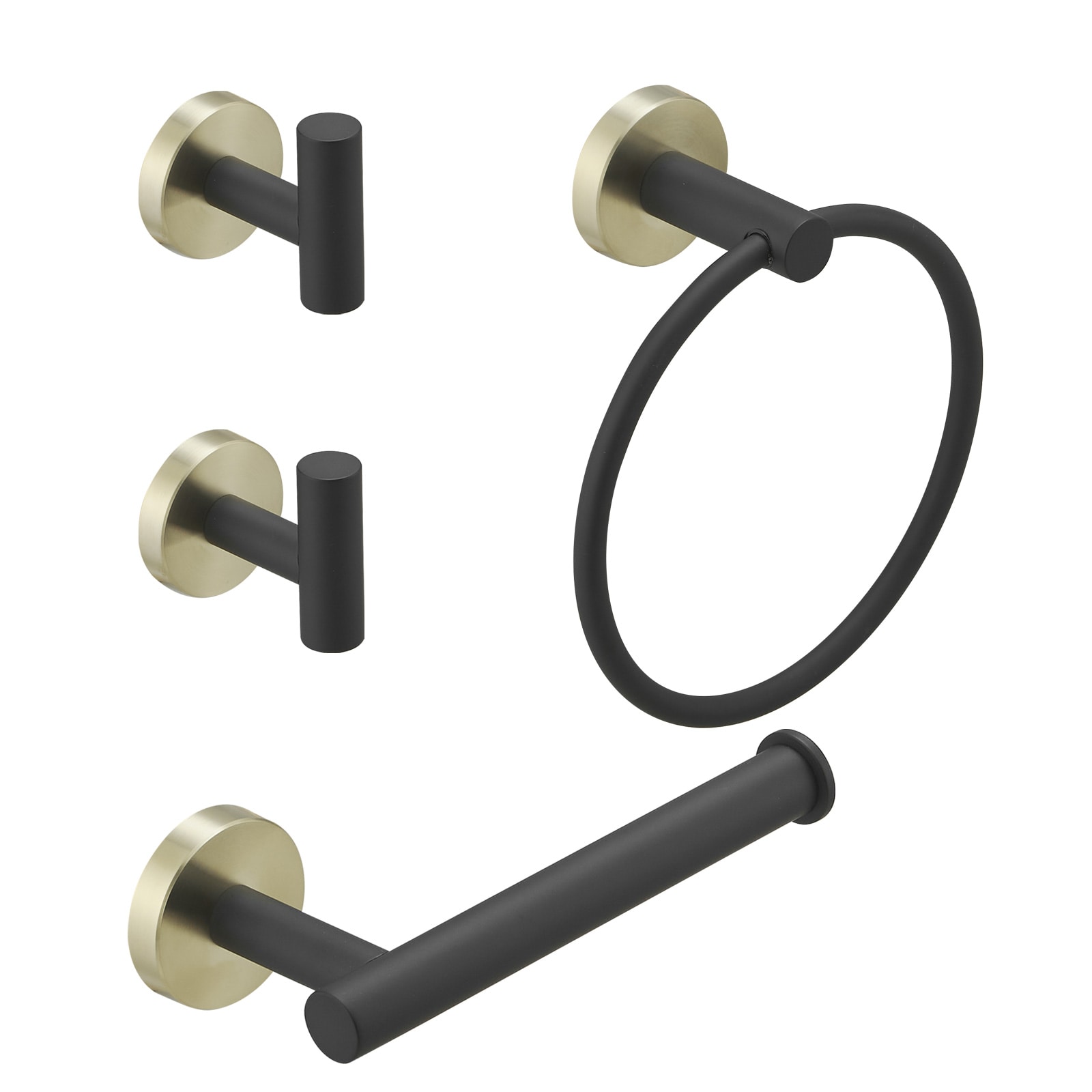 Juego de Baño Decorativo Negro y Dorado de 4 Piezas con Portarrollos de Papel, Argolla para Toalla y Gancho para Bata incluidos, Modelo A-91062-GBK-R