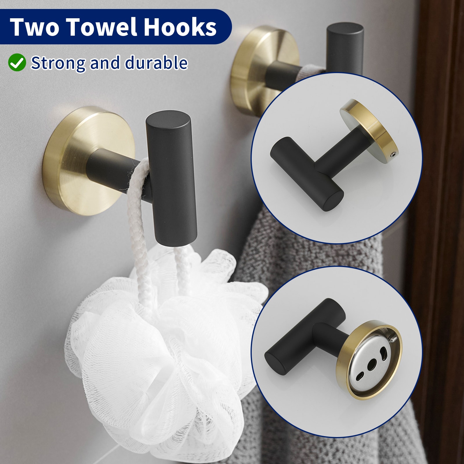 Juego de Baño Decorativo Negro y Dorado de 4 Piezas con Portarrollos de Papel, Argolla para Toalla y Gancho para Bata incluidos, Modelo A-91062-GBK-R