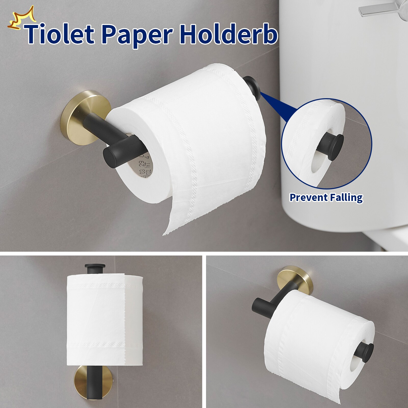 Juego de Baño Decorativo Negro y Dorado de 4 Piezas con Portarrollos de Papel, Argolla para Toalla y Gancho para Bata incluidos, Modelo A-91062-GBK-R