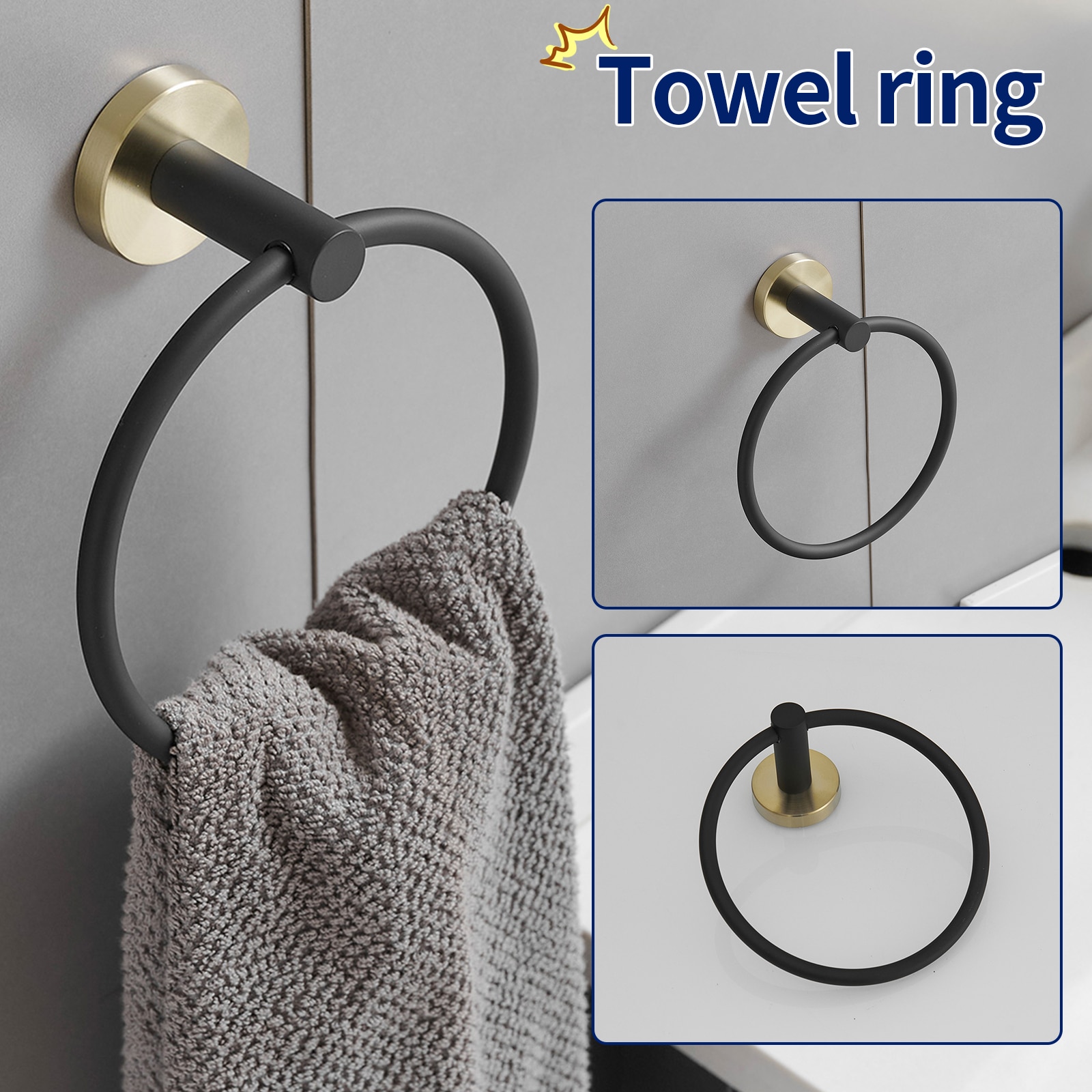 Juego de Baño Decorativo Negro y Dorado de 4 Piezas con Portarrollos de Papel, Argolla para Toalla y Gancho para Bata incluidos, Modelo A-91062-GBK-R