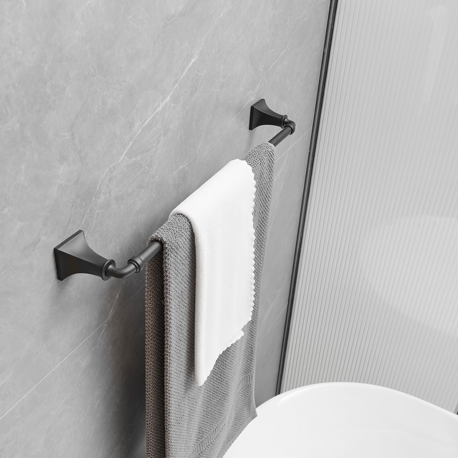Juego de accesorios de baño decorativos en negro mate de 4 piezas, incluye barra de toalla, porta rollo de papel y gancho para batas. A-91068-B.