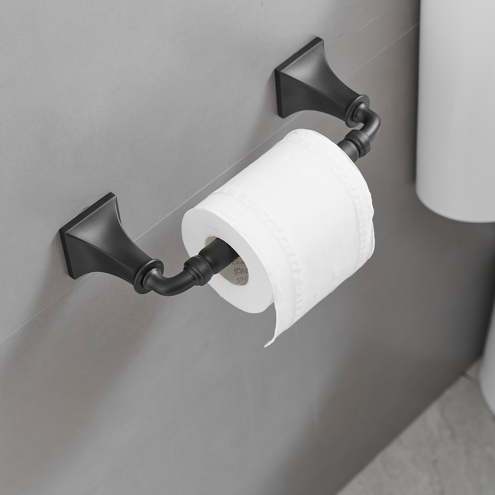 Juego de accesorios de baño decorativos en negro mate de 4 piezas, incluye barra de toalla, porta rollo de papel y gancho para batas. A-91068-B.