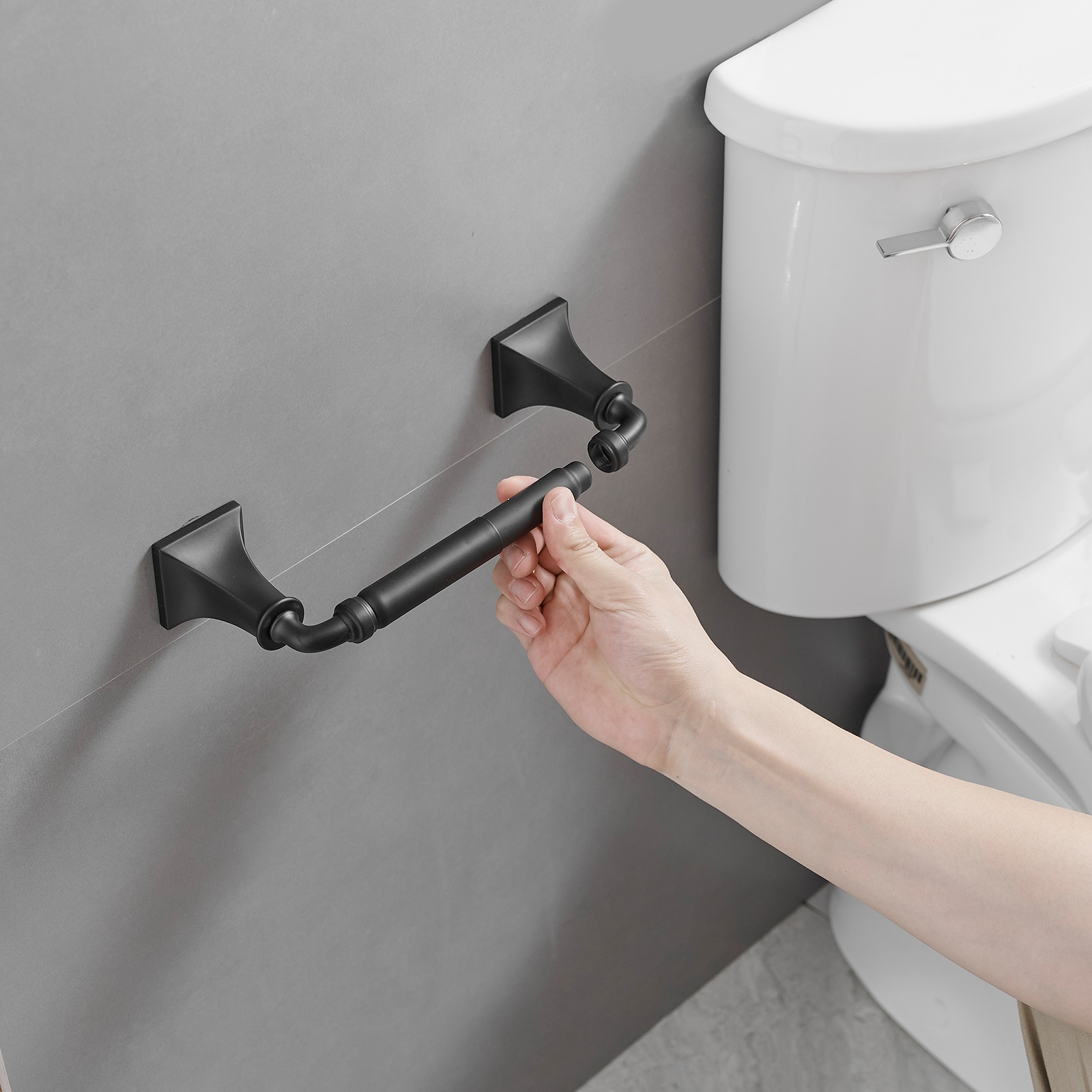 Juego de accesorios de baño decorativos en negro mate de 4 piezas, incluye barra de toalla, porta rollo de papel y gancho para batas. A-91068-B.