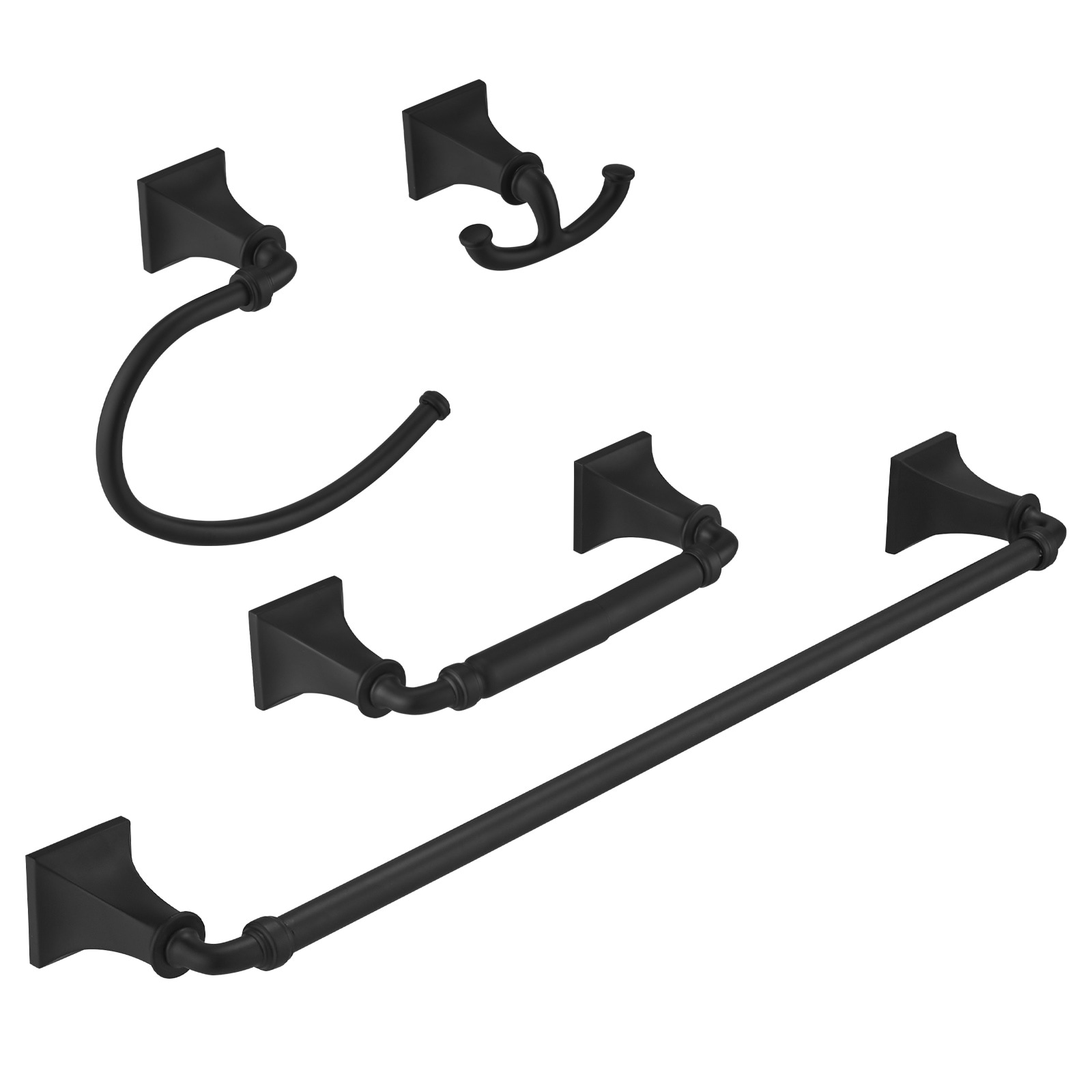 Juego de accesorios de baño decorativos en negro mate de 4 piezas, incluye barra de toalla, porta rollo de papel y gancho para batas. A-91068-B.