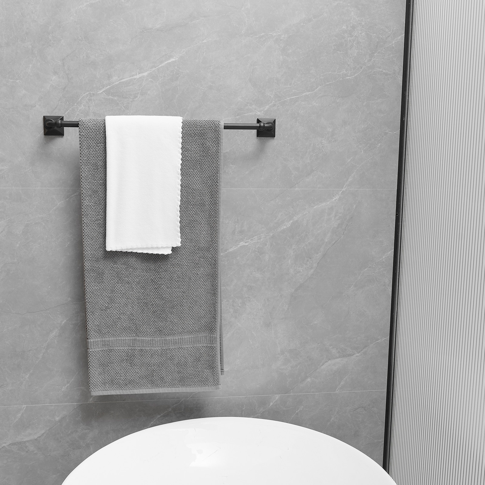 Juego de accesorios de baño decorativos en negro mate de 4 piezas, incluye barra de toalla, porta rollo de papel y gancho para batas. A-91068-B.