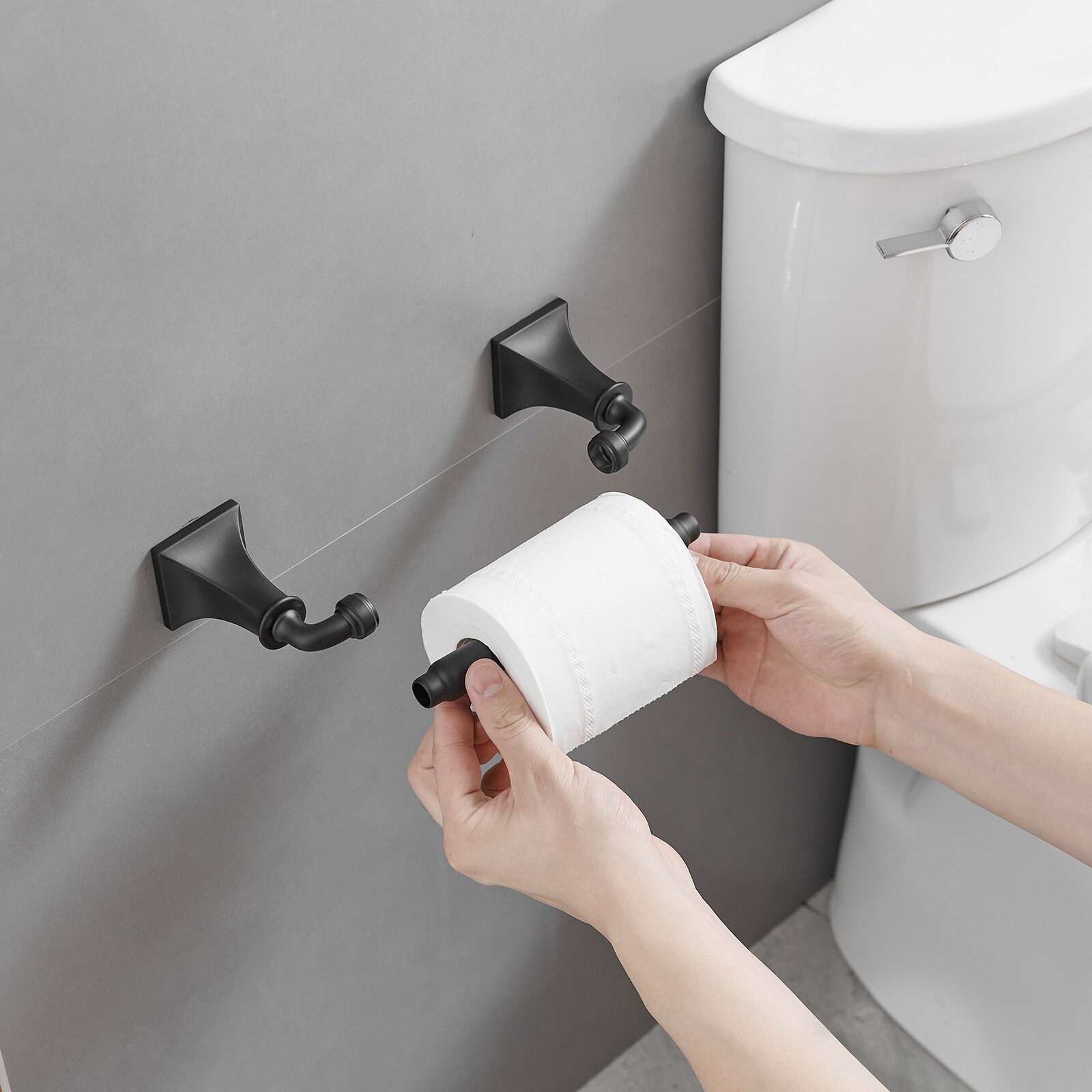 Juego de accesorios de baño decorativos en negro mate de 4 piezas, incluye barra de toalla, porta rollo de papel y gancho para batas. A-91068-B.