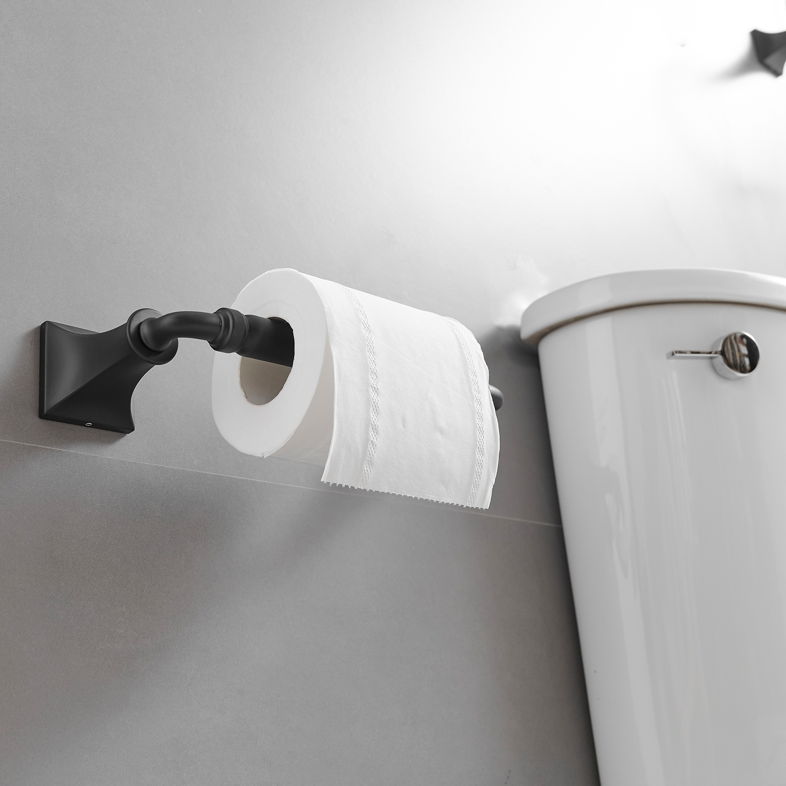 Juego de accesorios de baño decorativos en negro mate de 4 piezas, incluye barra de toalla, porta rollo de papel y gancho para batas. A-91068-B.