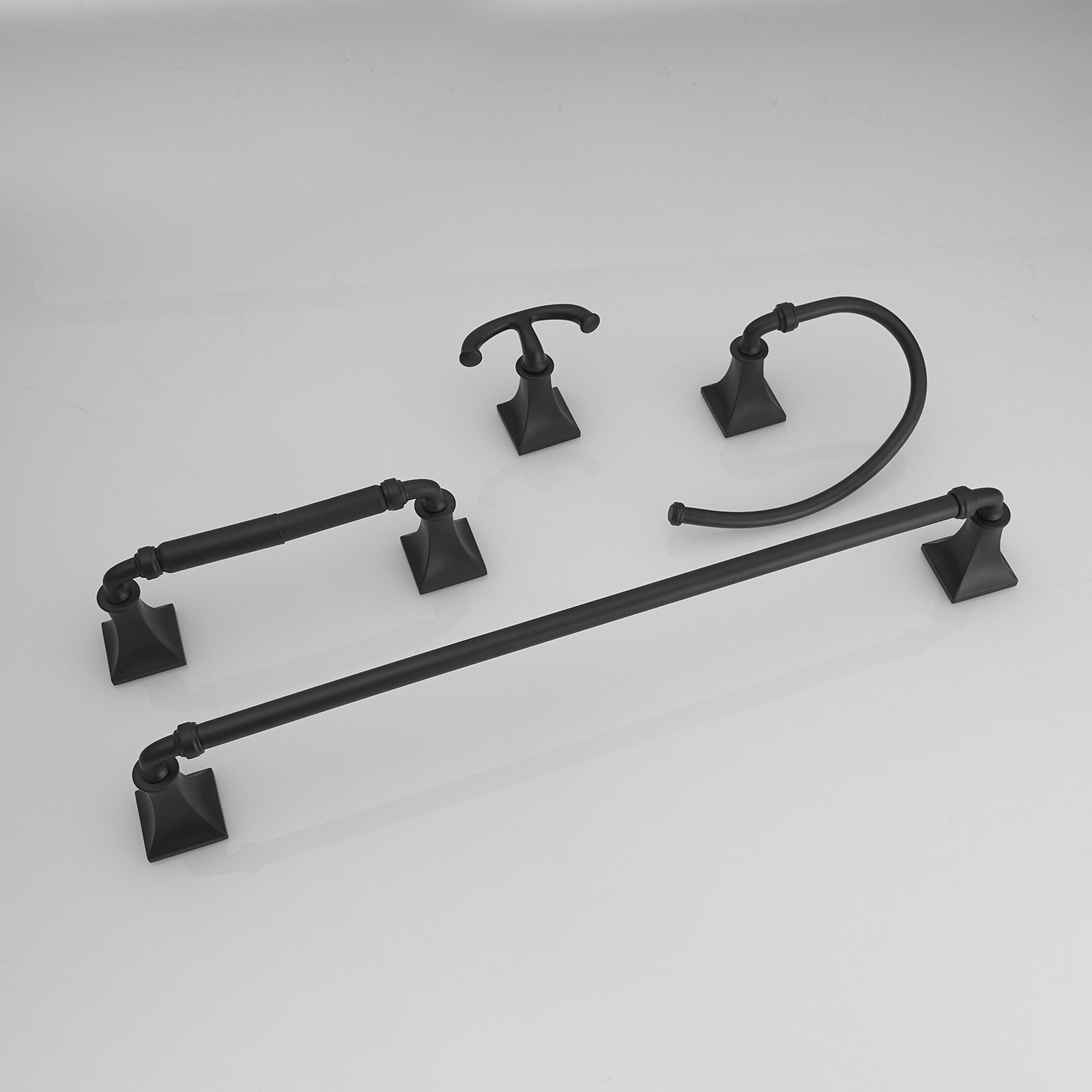 Juego de accesorios de baño decorativos en negro mate de 4 piezas, incluye barra de toalla, porta rollo de papel y gancho para batas. A-91068-B.