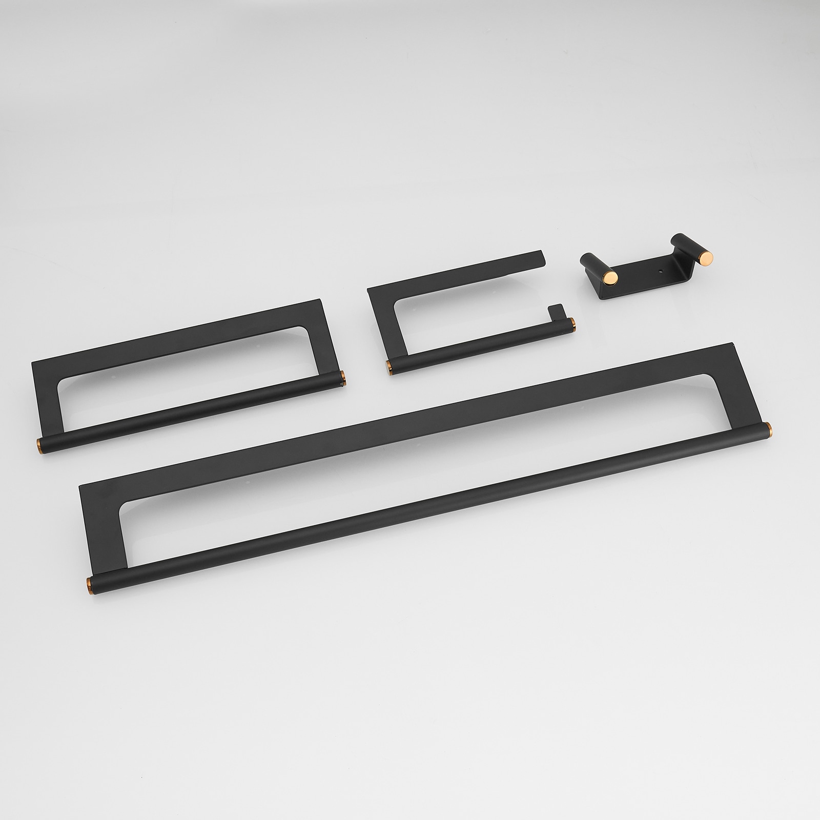 Set de accesorios para baño en negro mate de 4 piezas, incluye barra de toalla, porta papel higiénico y gancho para batas. A-91064-B.