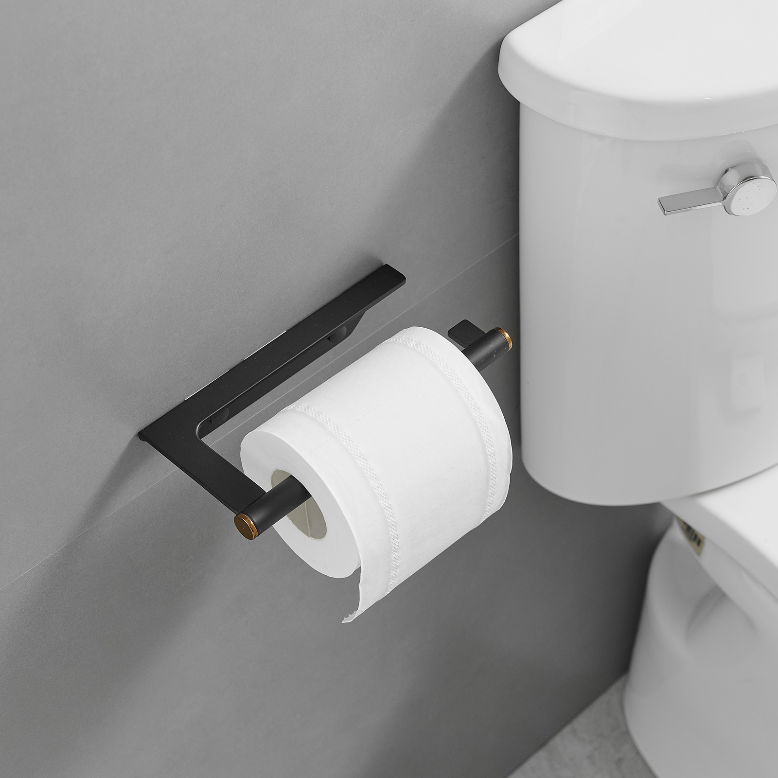 Set de accesorios para baño en negro mate de 4 piezas, incluye barra de toalla, porta papel higiénico y gancho para batas. A-91064-B.