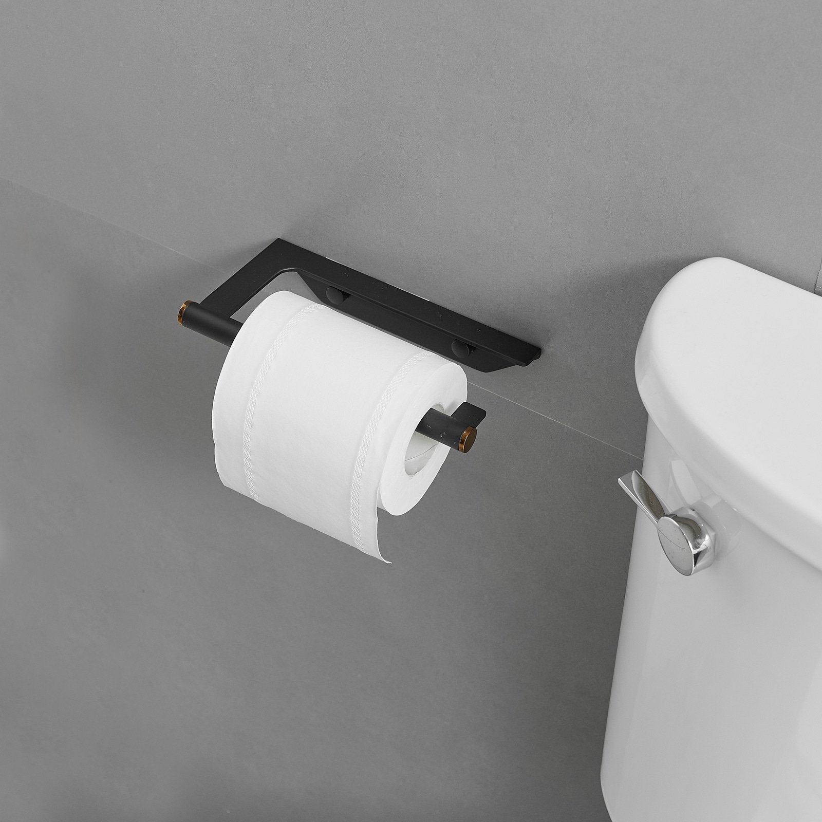 Set de accesorios para baño en negro mate de 4 piezas, incluye barra de toalla, porta papel higiénico y gancho para batas. A-91064-B.
