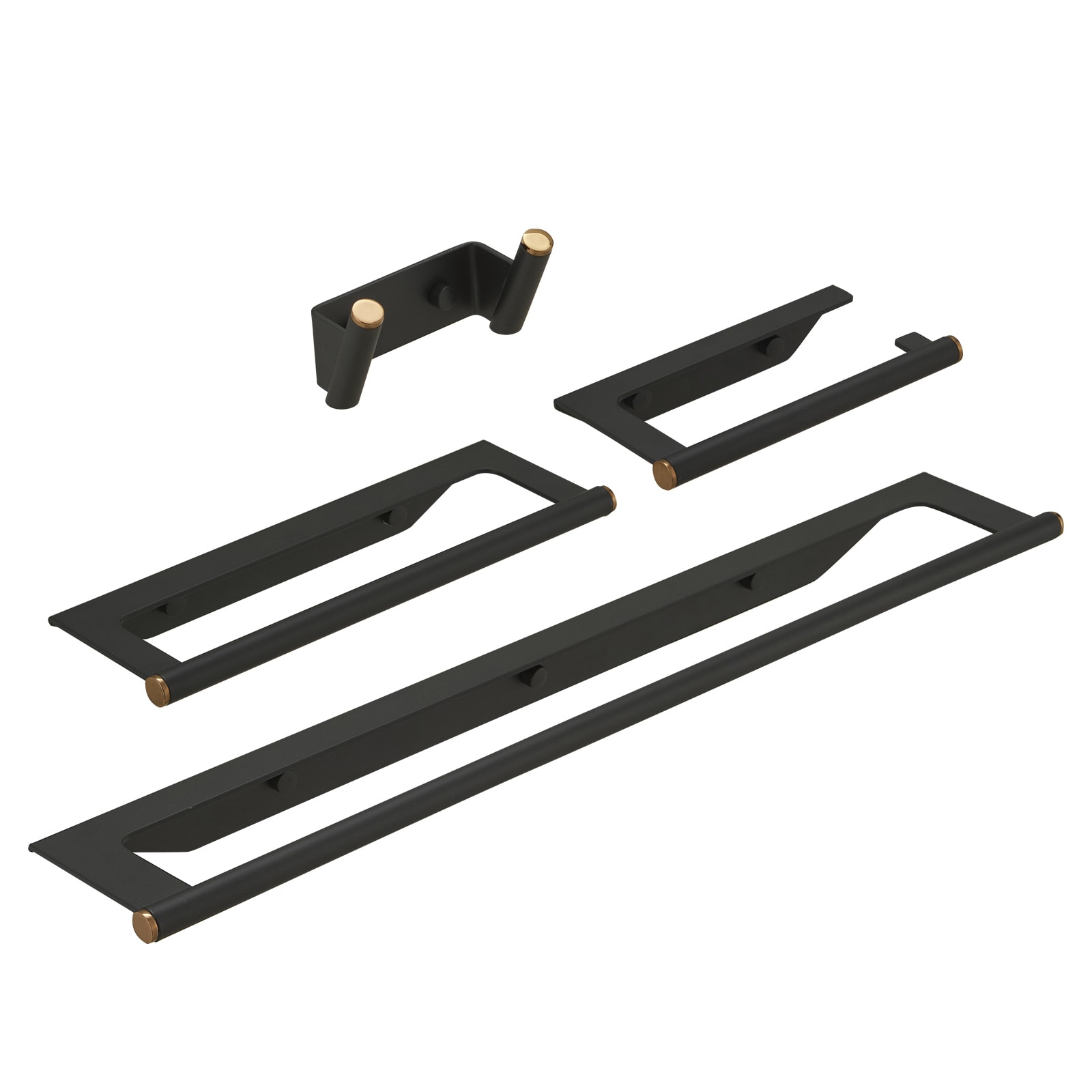 Set de accesorios para baño en negro mate de 4 piezas, incluye barra de toalla, porta papel higiénico y gancho para batas. A-91064-B.