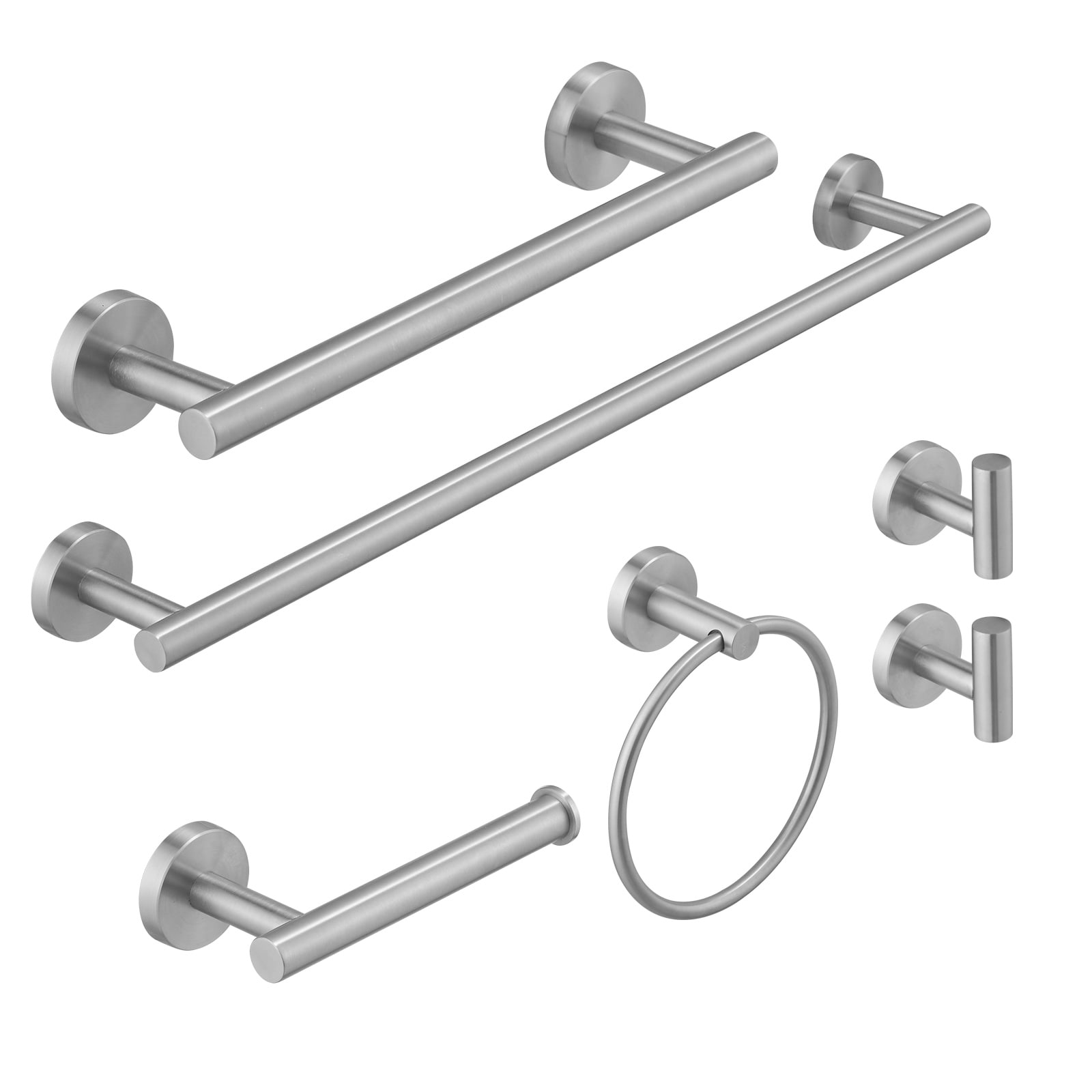 Juego de accesorios para baño de níquel cepillado de 6 piezas: Barra de toallas, portarrollos de papel higiénico, argolla de toallas, gancho para batas incluido A-91020-6-N