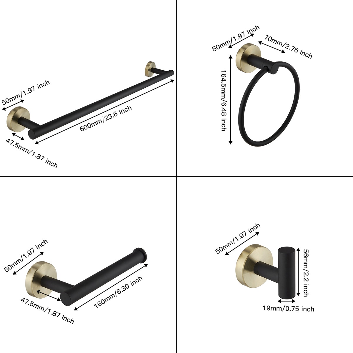 Juego de accesorios de baño decorativos en negro y dorado de 6 piezas - Barra de toallas, Porta rollos de papel higiénico, Aro de toalla, Gancho para batas incluidos A-91020-6-GBK