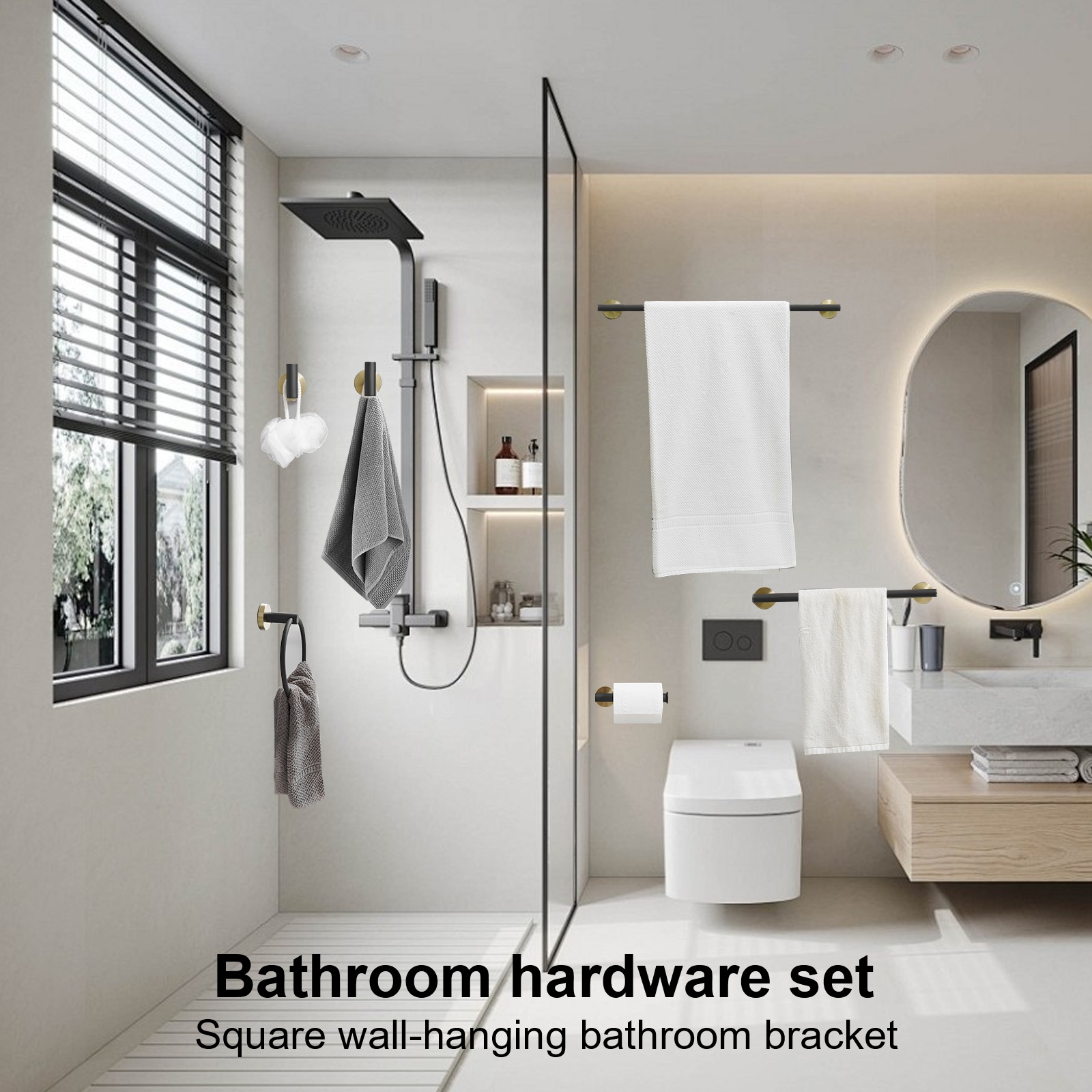 Juego de accesorios de baño decorativos en negro y dorado de 6 piezas - Barra de toallas, Porta rollos de papel higiénico, Aro de toalla, Gancho para batas incluidos A-91020-6-GBK