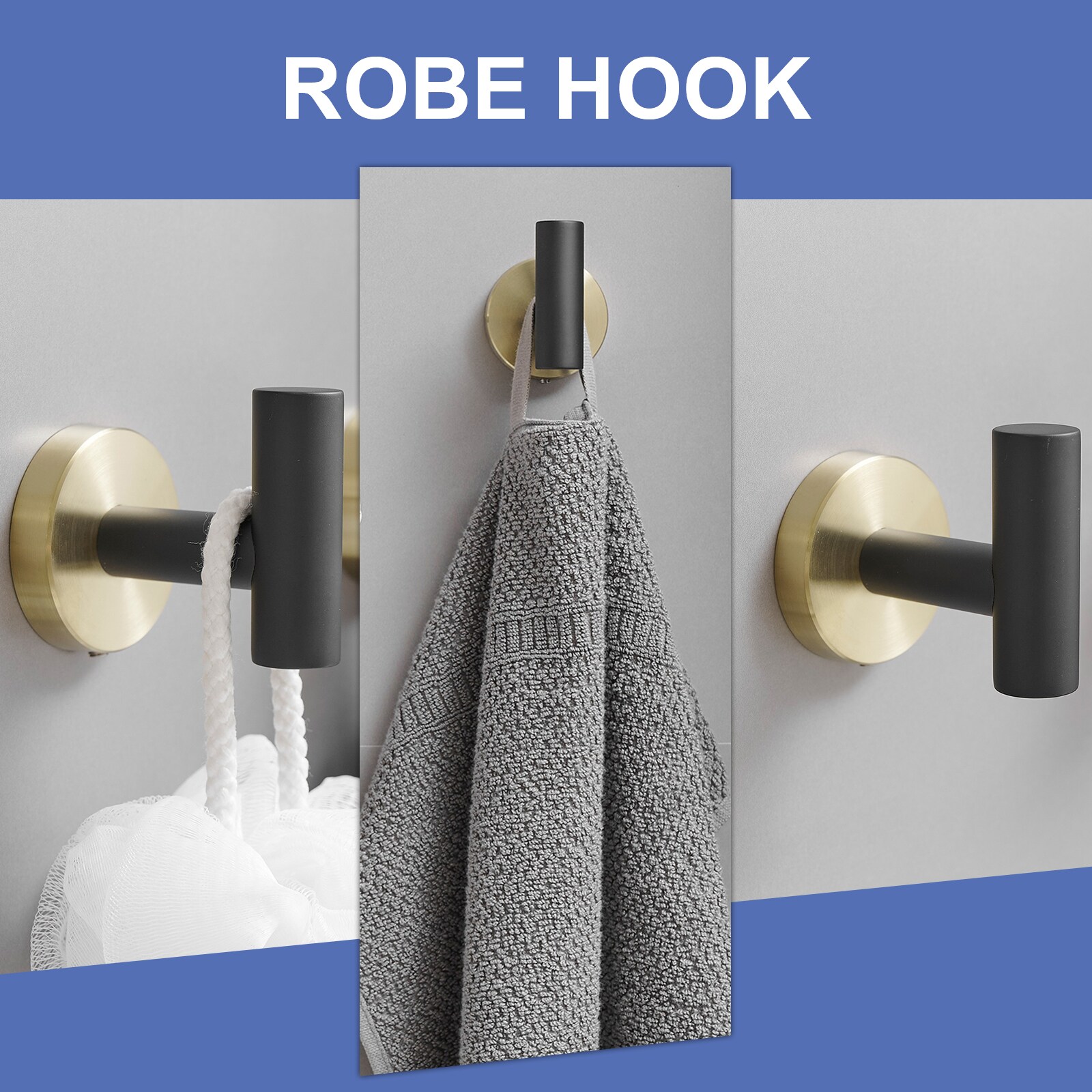 Juego de accesorios de baño decorativos en negro y dorado de 6 piezas - Barra de toallas, Porta rollos de papel higiénico, Aro de toalla, Gancho para batas incluidos A-91020-6-GBK