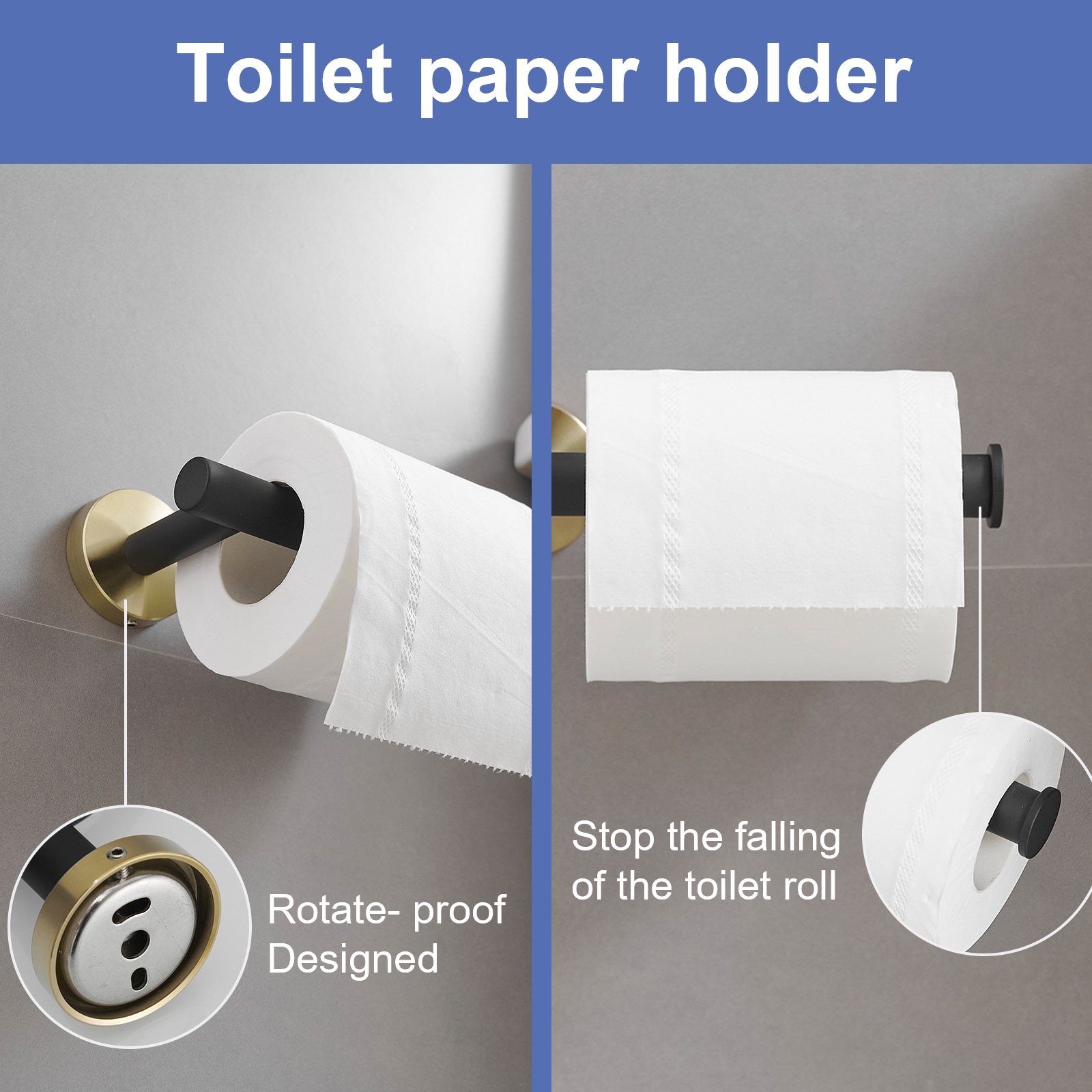 Juego de accesorios de baño decorativos en negro y dorado de 6 piezas - Barra de toallas, Porta rollos de papel higiénico, Aro de toalla, Gancho para batas incluidos A-91020-6-GBK