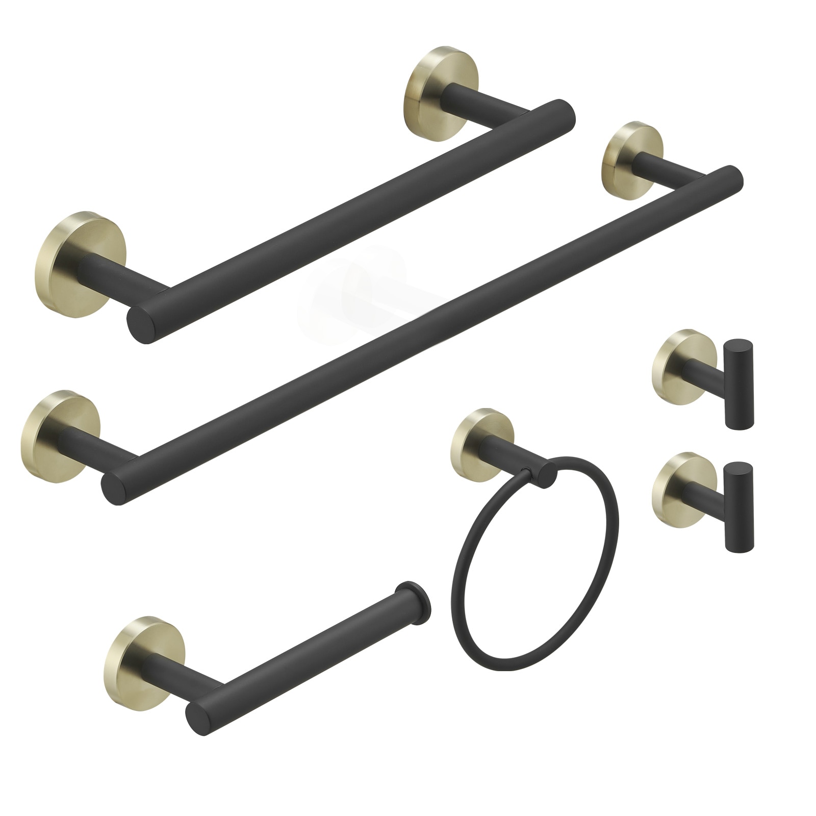 Juego de accesorios de baño decorativos en negro y dorado de 6 piezas - Barra de toallas, Porta rollos de papel higiénico, Aro de toalla, Gancho para batas incluidos A-91020-6-GBK